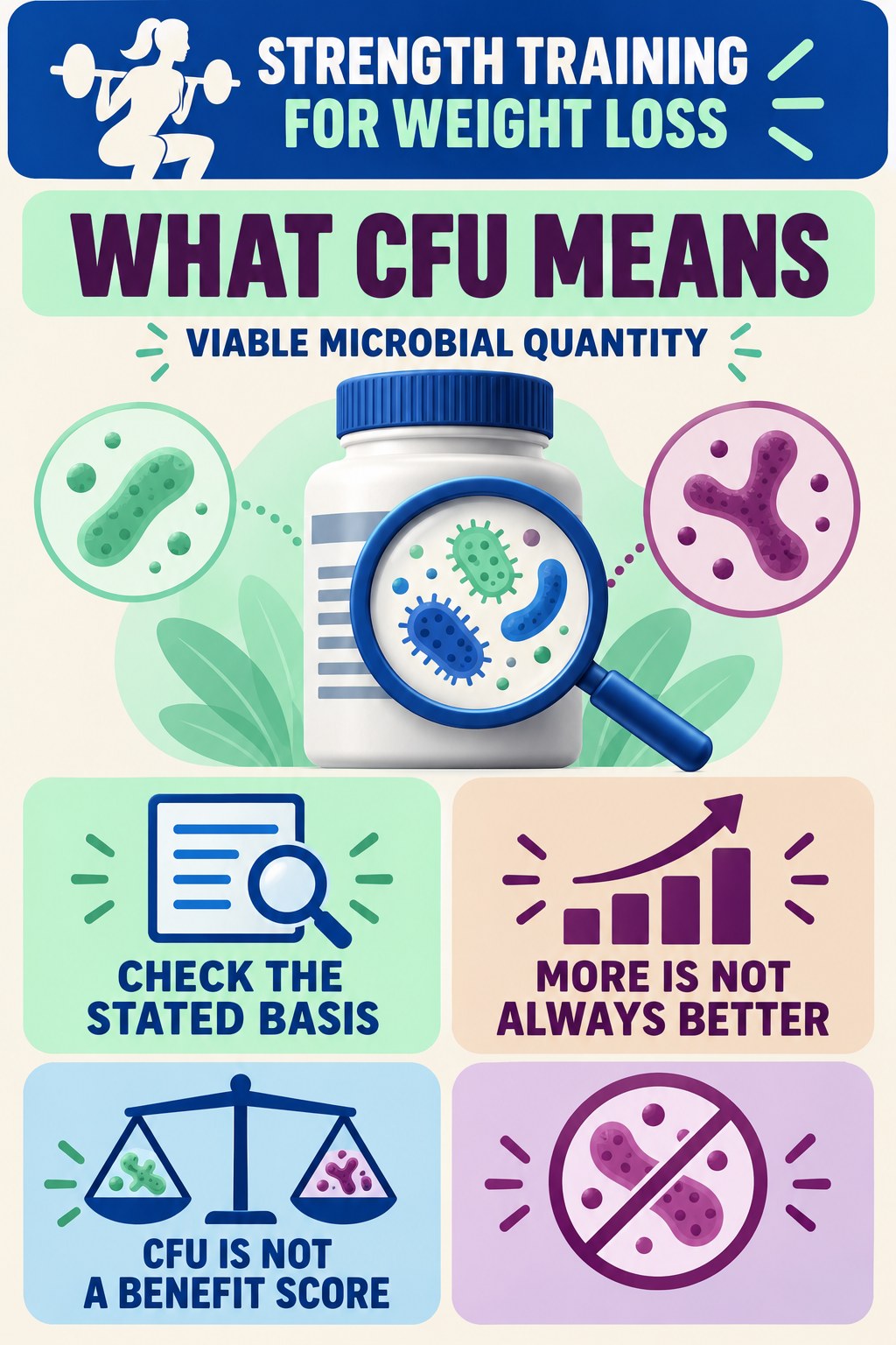 Read CFU as a Quantity, Not a Quality Score infographic for Strength Training for Weight Loss with four concise probiotic-label reading points.