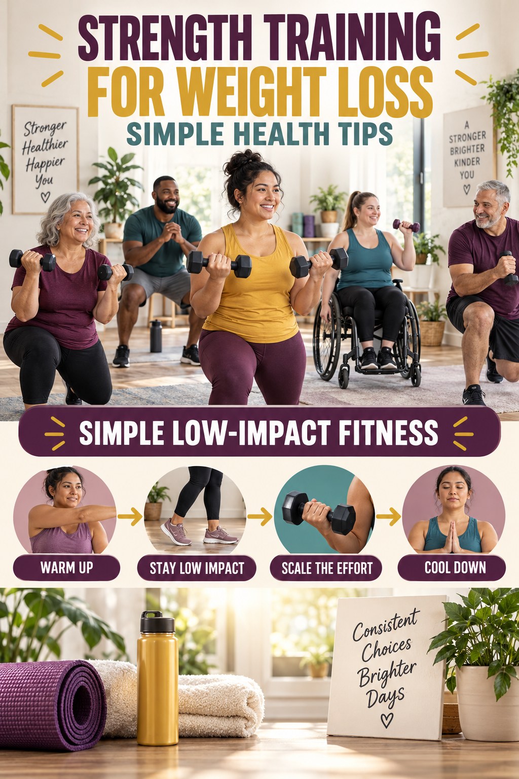 Strength Training for Weight Loss simple-health graphic titled Simple Low-Impact Fitness with four practical wellness prompts.