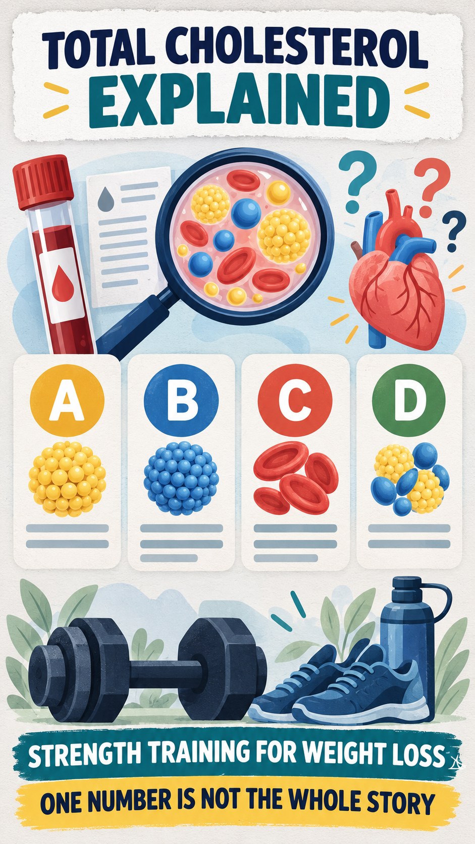Total Cholesterol Interpretation Guide infographic for Strength Training for Weight Loss, using a non-numerical educational lipid-panel layout with question and context icons.