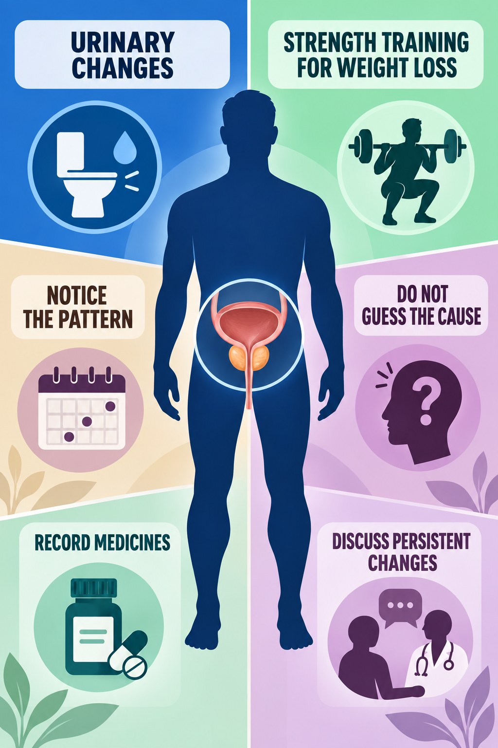 Urinary Changes Start a Conversation, Not a Diagnosis infographic for Strength Training for Weight Loss with four concise prostate-health awareness points.