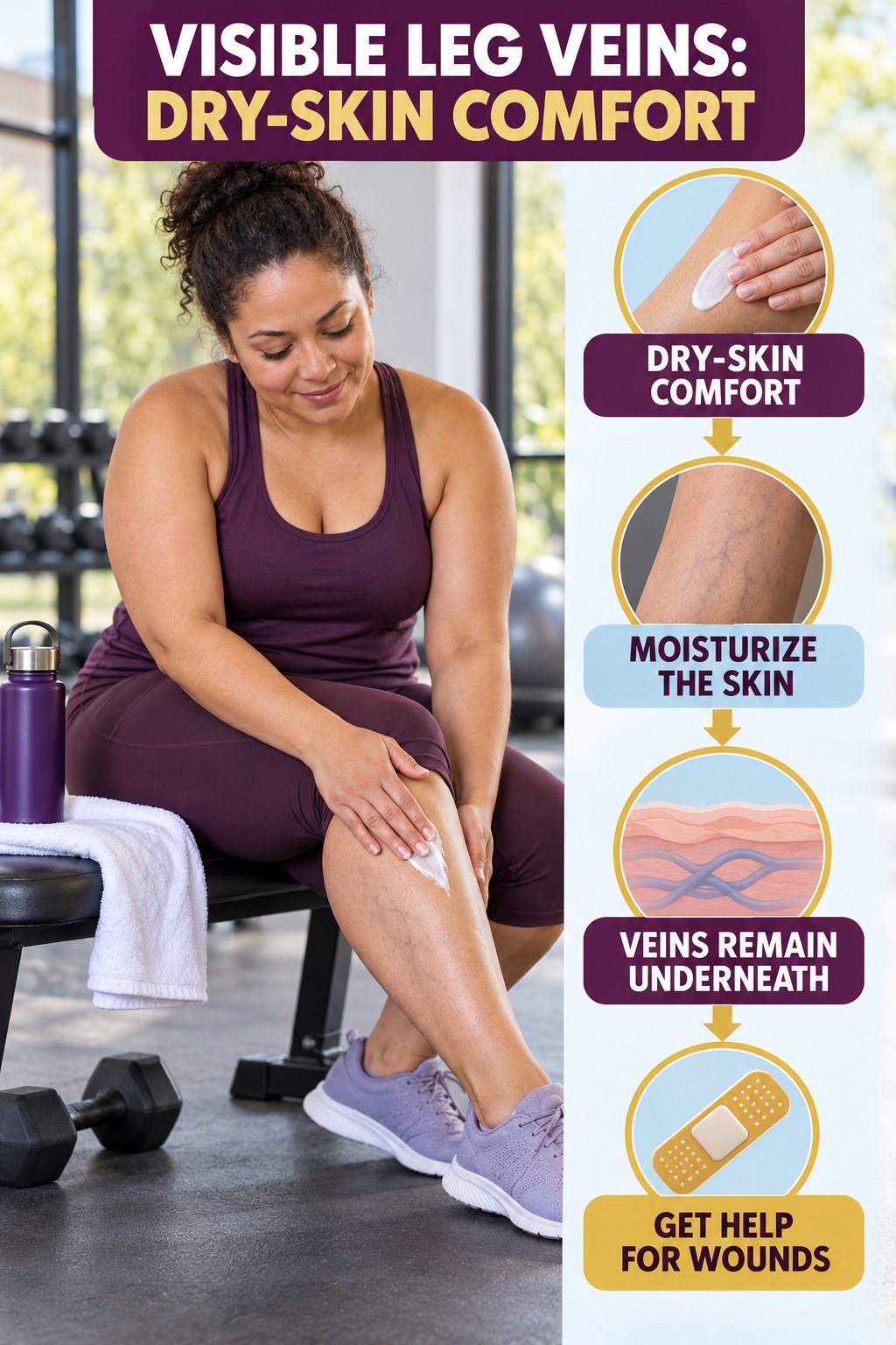 Dry-Skin Comfort infographic for Strength Training for Weight Loss, showing body-neutral visible-leg-vein appearance care and the boundary between temporary cosmetic support and treatment.