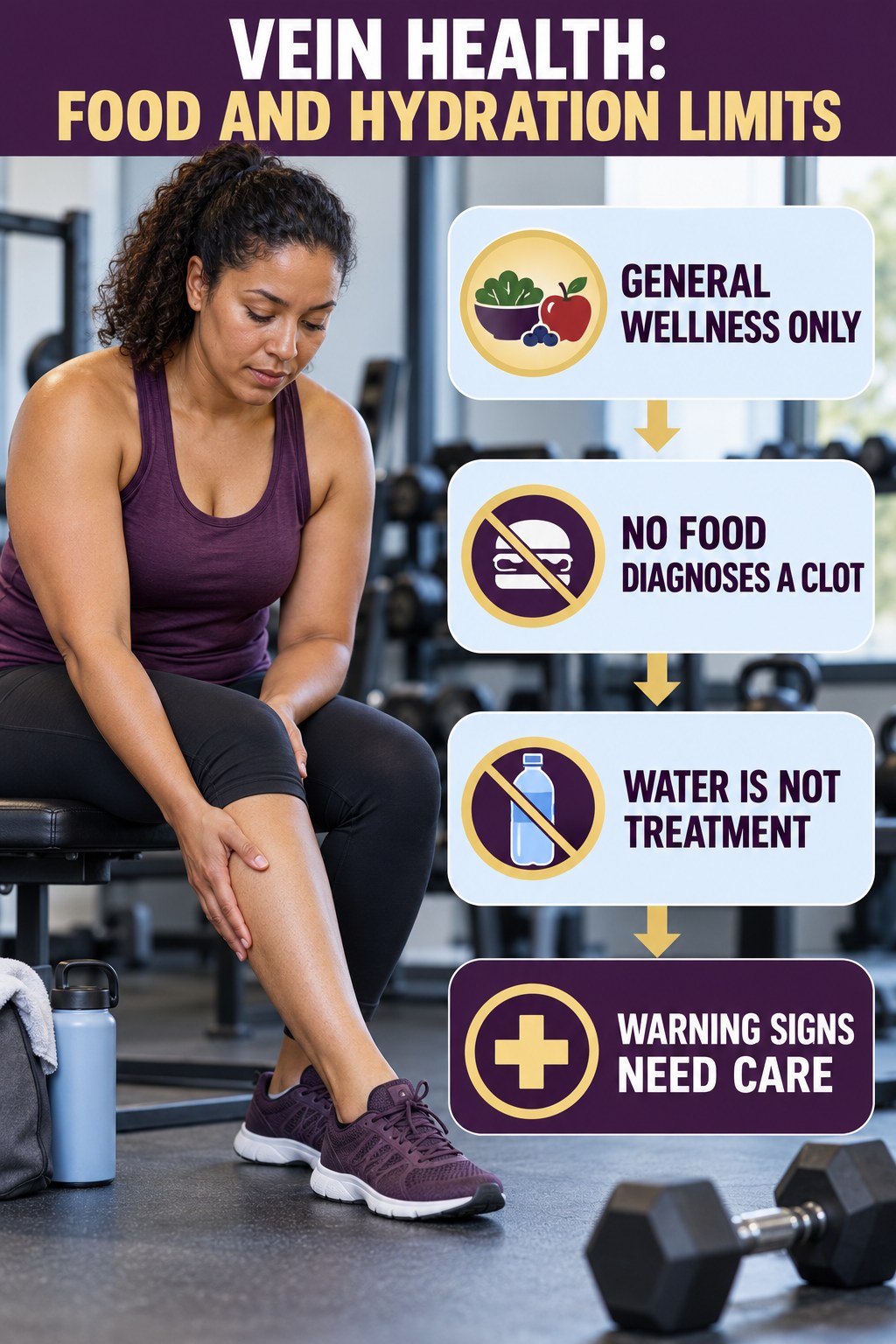 Food and Hydration Limits infographic for Strength Training for Weight Loss, explaining vein-health warning signs and the appropriate next action without diagnosing a condition.