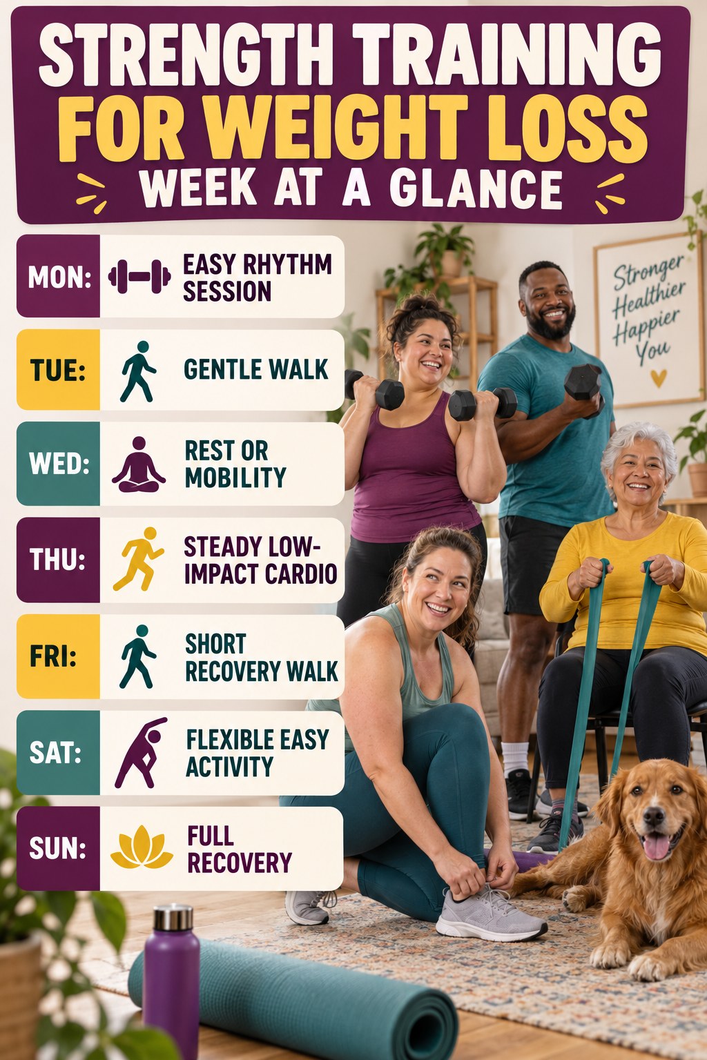 Weekly Strength Training for Weight Loss plan graphic with concise Monday-to-Sunday actions and flexible recovery guidance.