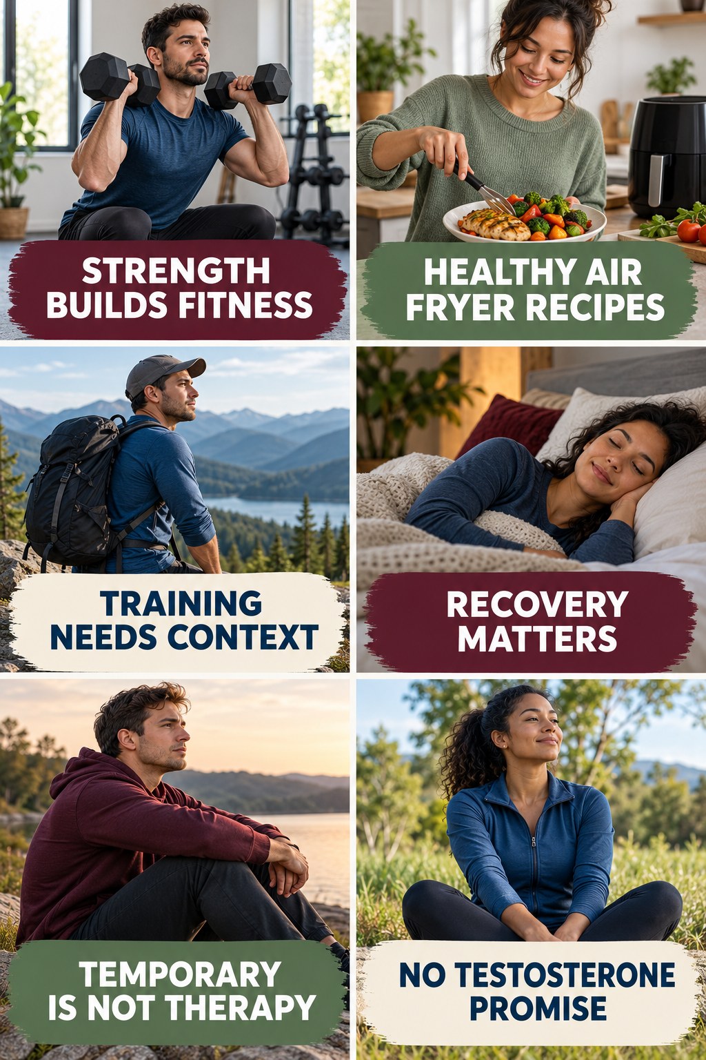 Strength Training Supports Fitness, Not Hormone Treatment natural-energy and hormone-health-literacy infographic for Healthy Air Fryer Recipes with four practical checks.
