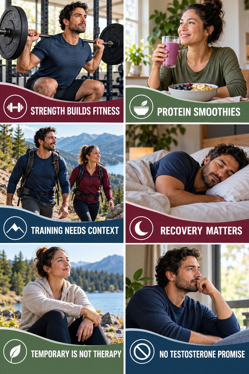 Strength Training Supports Fitness, Not Hormone Treatment natural-energy and hormone-health-literacy infographic for Protein Smoothies with four practical checks.
