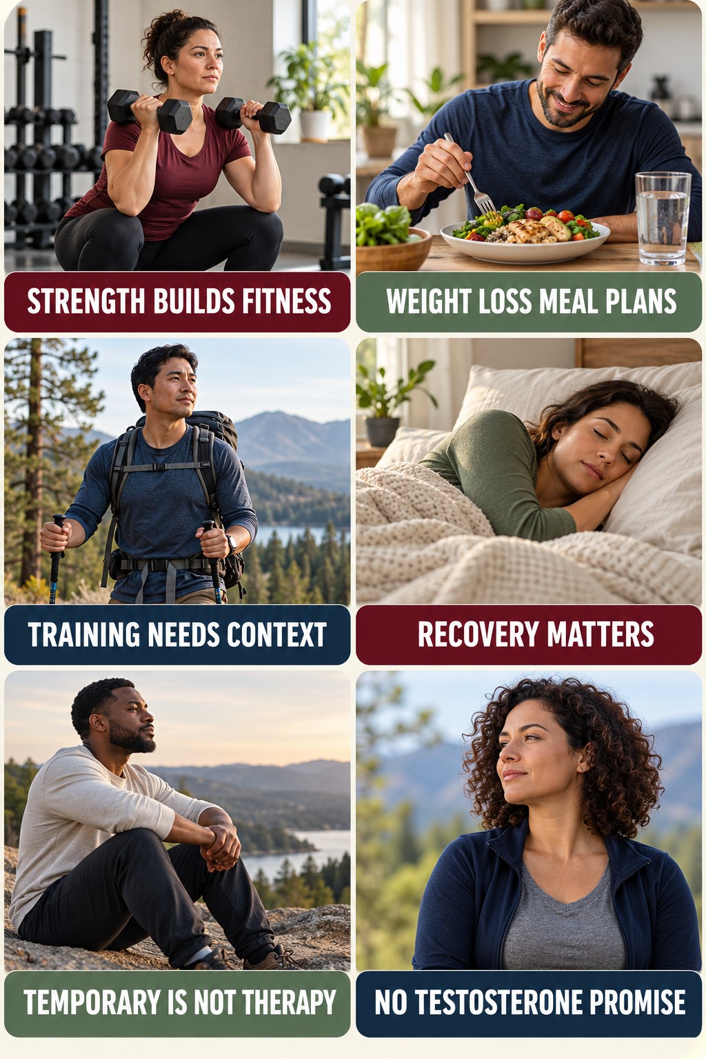 Strength Training Supports Fitness, Not Hormone Treatment natural-energy and hormone-health-literacy infographic for Weight Loss Meal Plans with four practical checks.