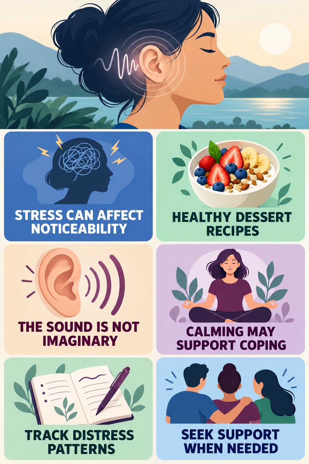 Stress and Tinnitus Distress infographic for Healthy Dessert Recipes with four concise tinnitus-awareness points.