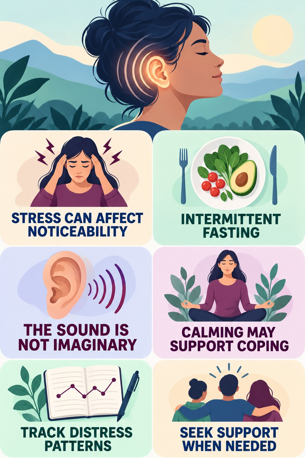 Stress and Tinnitus Distress infographic for Intermittent Fasting with four concise tinnitus-awareness points.
