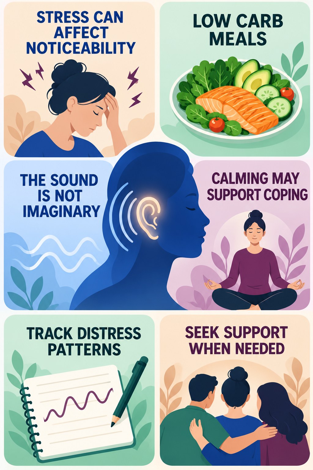 Stress and Tinnitus Distress infographic for Low Carb Meals with four concise tinnitus-awareness points.