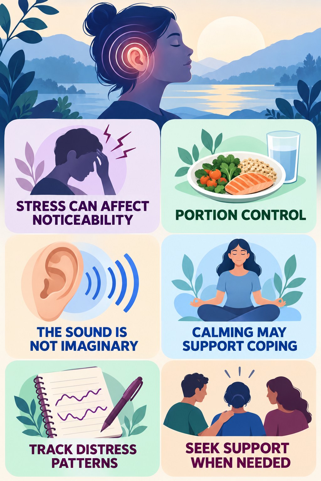 Stress and Tinnitus Distress infographic for Portion Control with four concise tinnitus-awareness points.