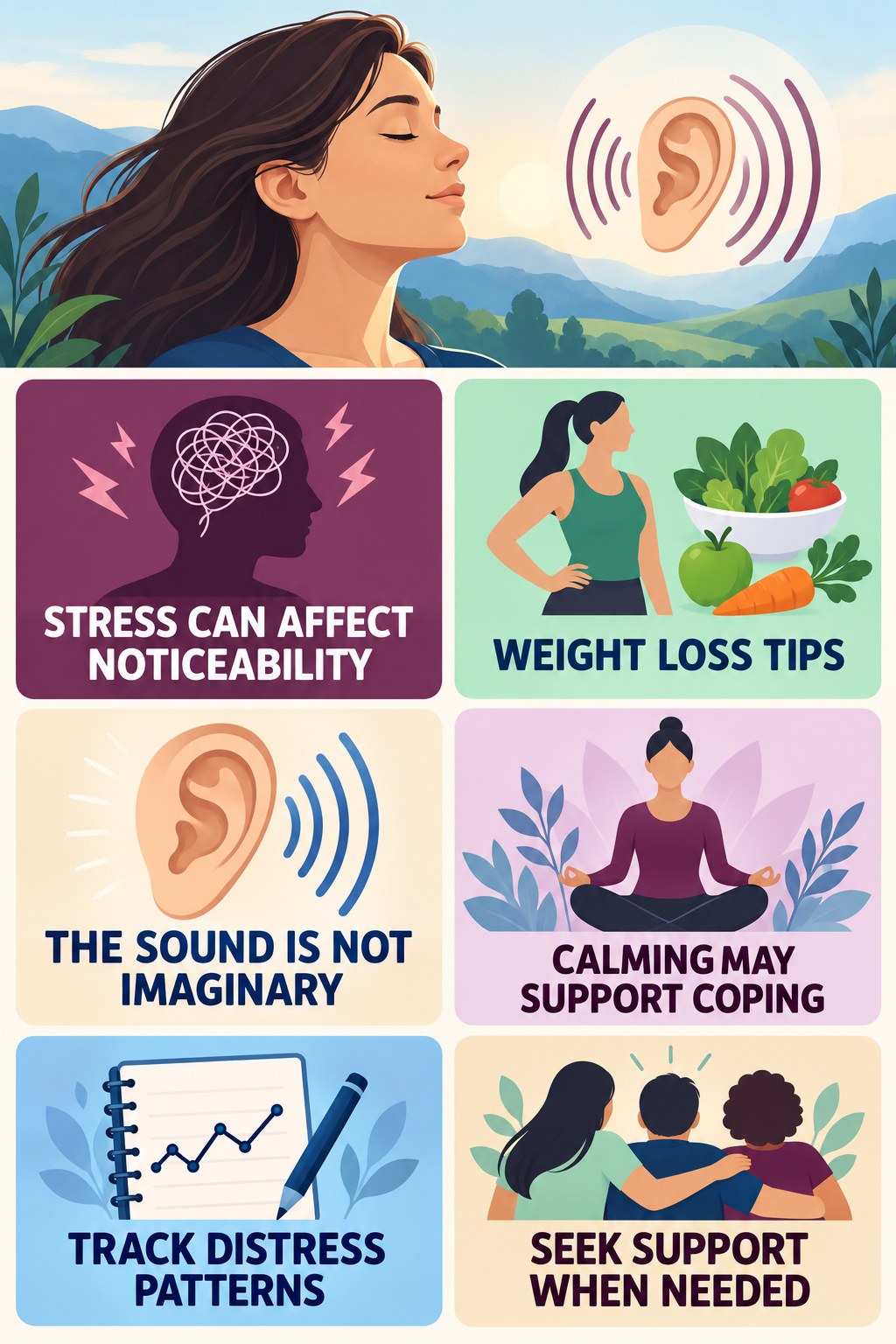 Stress and Tinnitus Distress infographic for Weight Loss Tips with four concise tinnitus-awareness points.