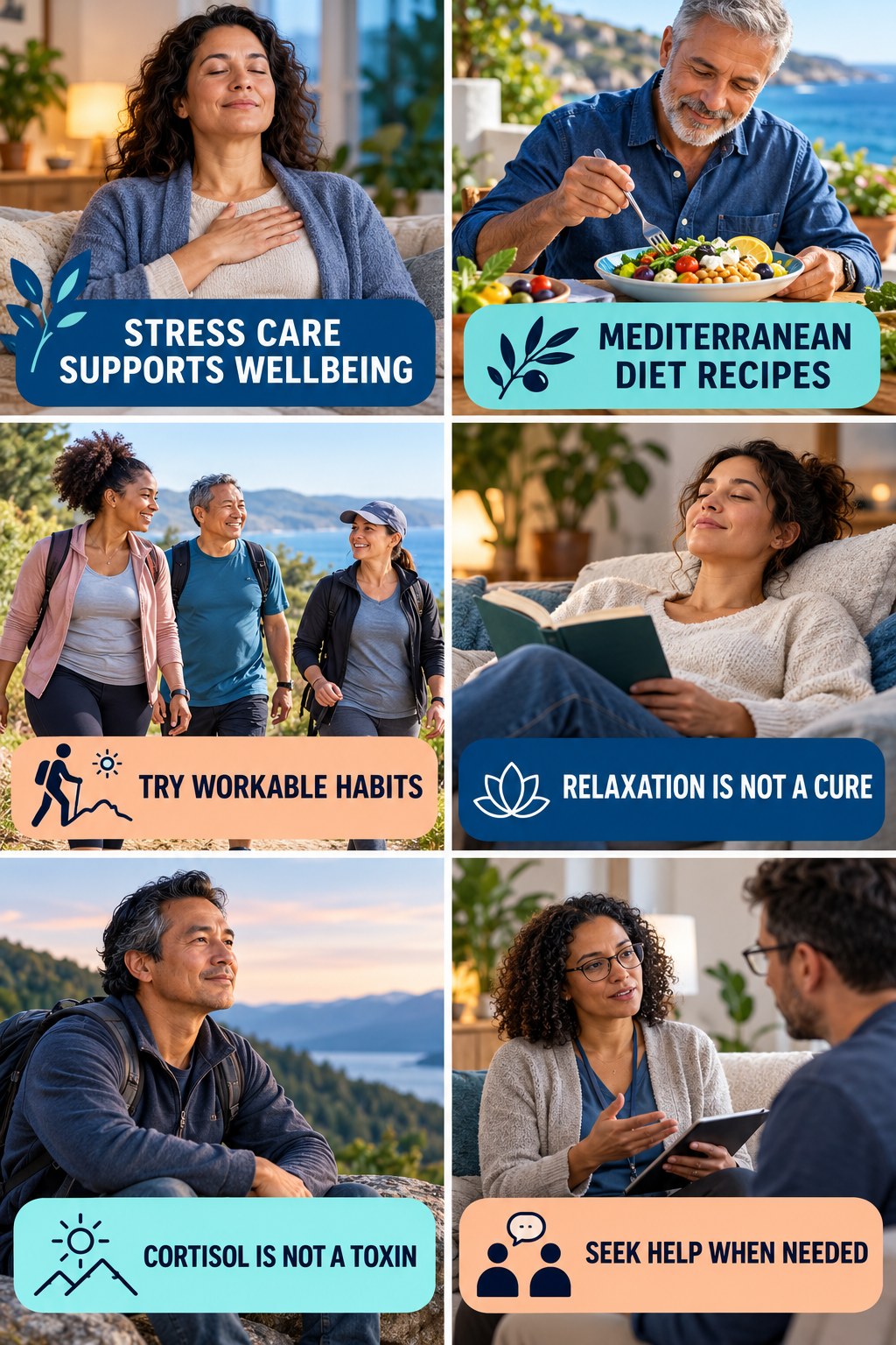 Stress Management Supports Wellbeing natural-energy and hormone-health-literacy infographic for Mediterranean Diet Recipes with four practical checks.