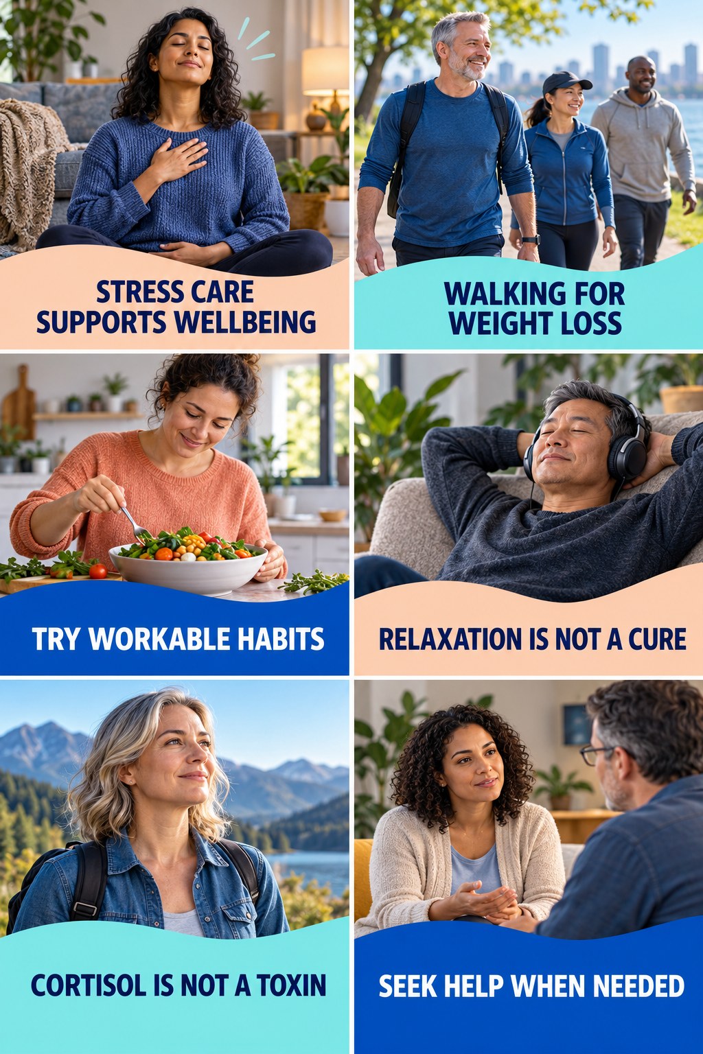 Stress Management Supports Wellbeing natural-energy and hormone-health-literacy infographic for Walking for Weight Loss with four practical checks.