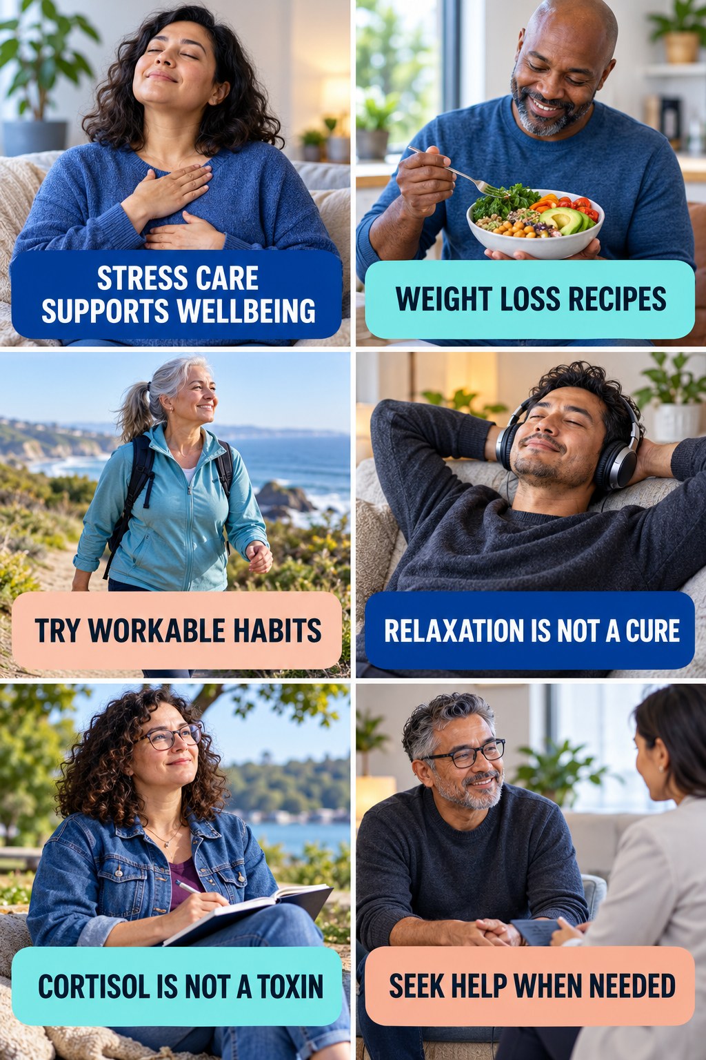 Stress Management Supports Wellbeing natural-energy and hormone-health-literacy infographic for Weight Loss Recipes with four practical checks.