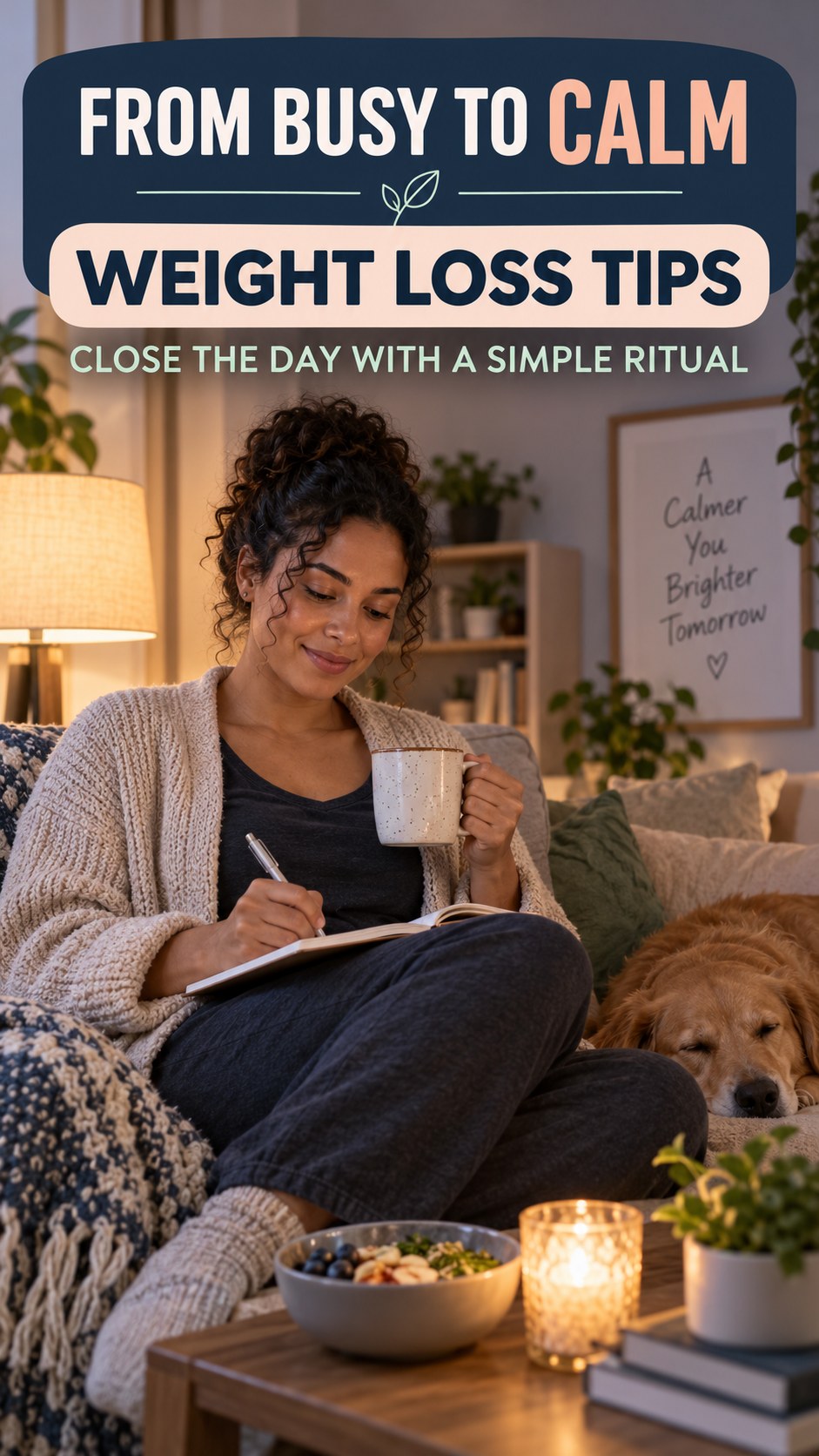 Stress-to-Rest Transition infographic for Weight Loss Tips, showing a flexible and calming evening wellness routine.