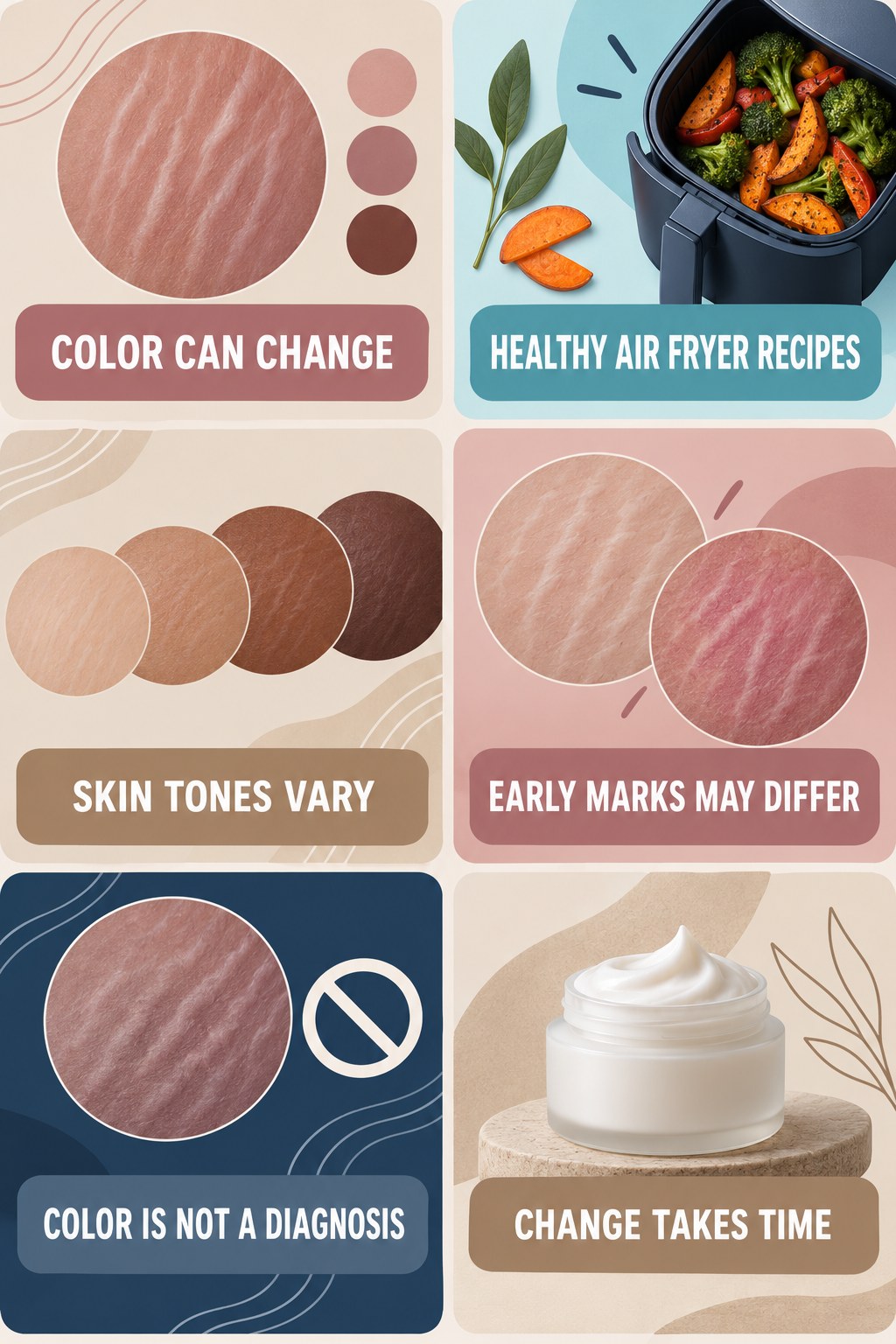Stretch Mark Color and Texture Changes infographic for Healthy Air Fryer Recipes with four concise, body-neutral stretch-mark skincare points.