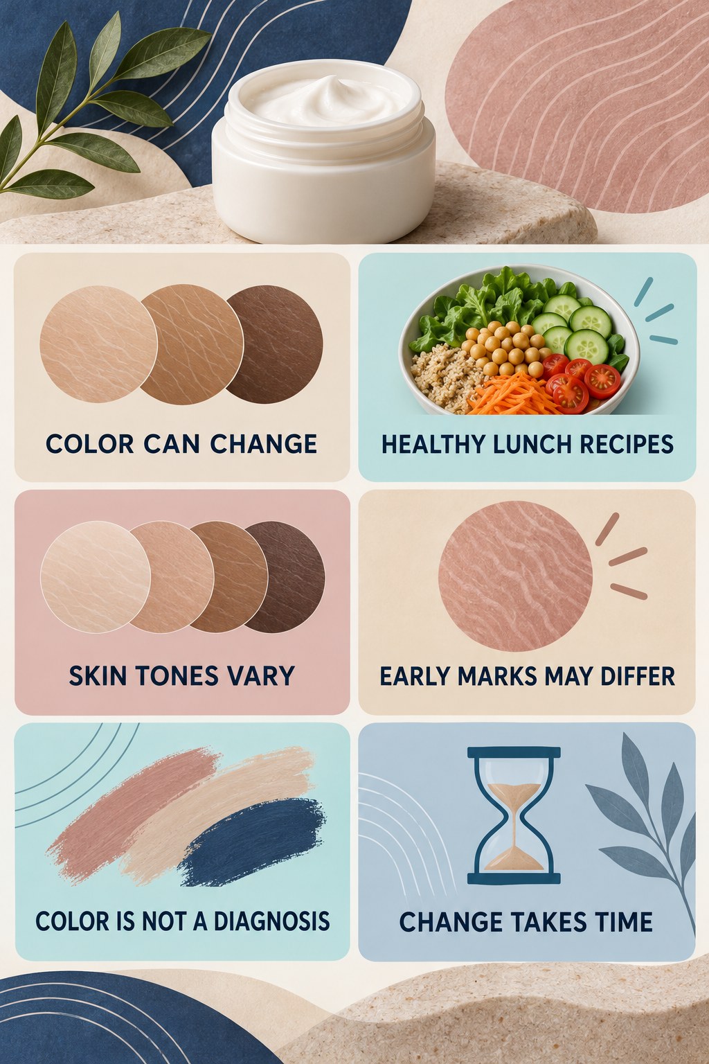 Stretch Mark Color and Texture Changes infographic for Healthy Lunch Recipes with four concise, body-neutral stretch-mark skincare points.