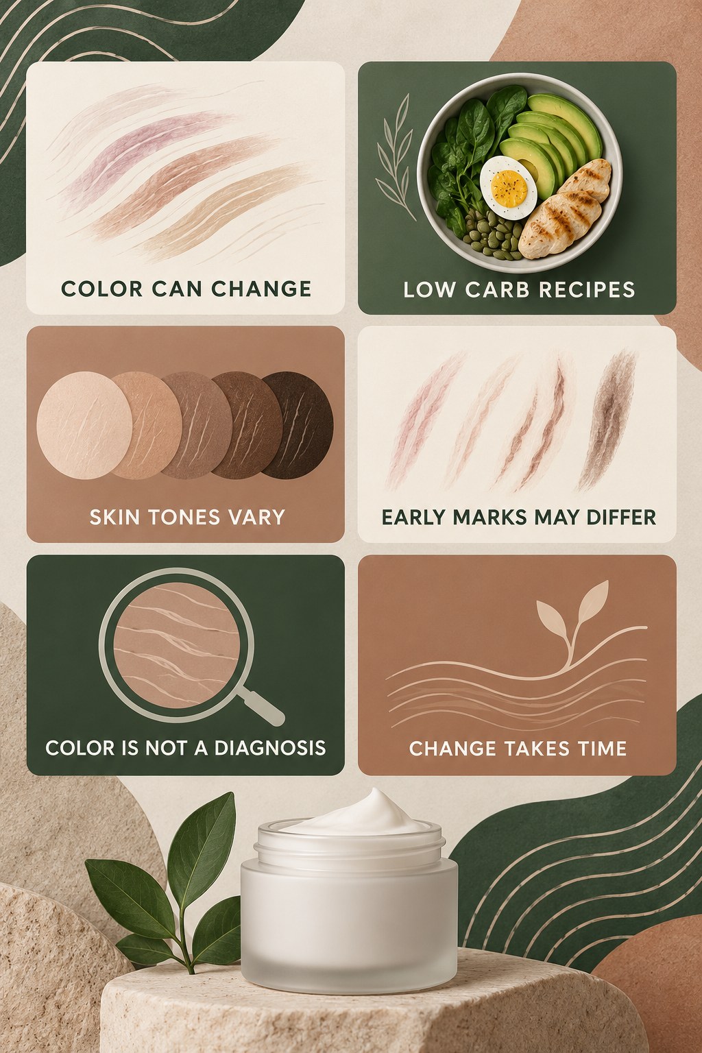 Stretch Mark Color and Texture Changes infographic for Low Carb Recipes with four concise, body-neutral stretch-mark skincare points.