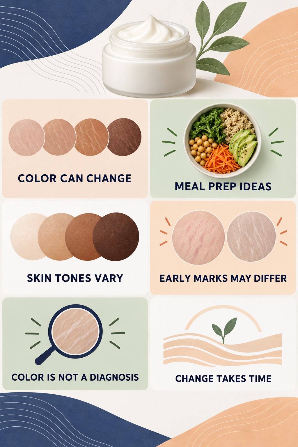 Stretch Mark Color and Texture Changes infographic for Meal Prep Ideas with four concise, body-neutral stretch-mark skincare points.