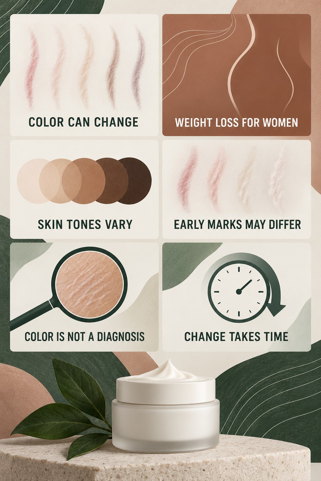 Stretch Mark Color and Texture Changes infographic for Weight Loss for Women with four concise, body-neutral stretch-mark skincare points.
