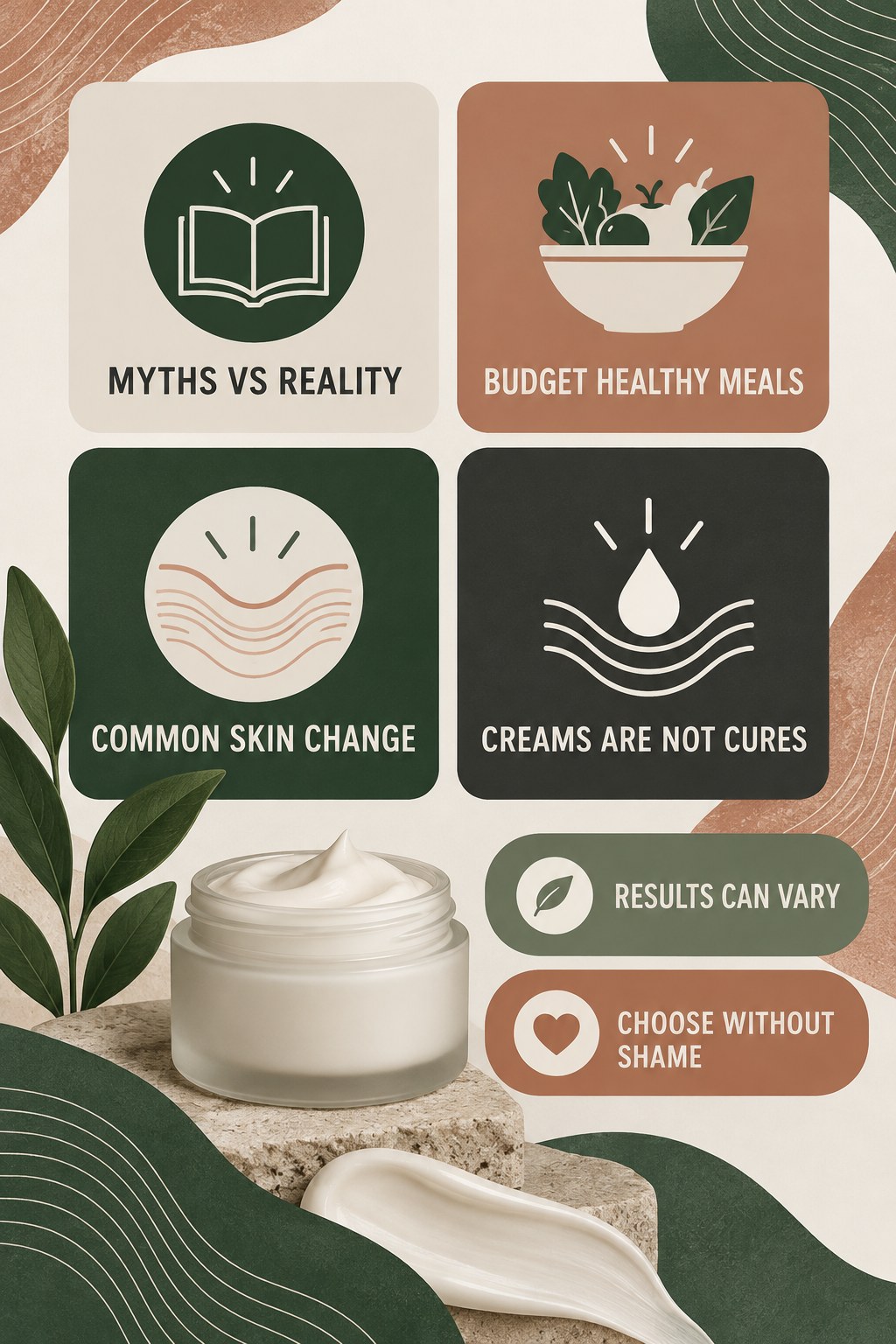 Stretch Mark Myths Versus Realistic Skincare infographic for Budget Healthy Meals with four concise, body-neutral stretch-mark skincare points.