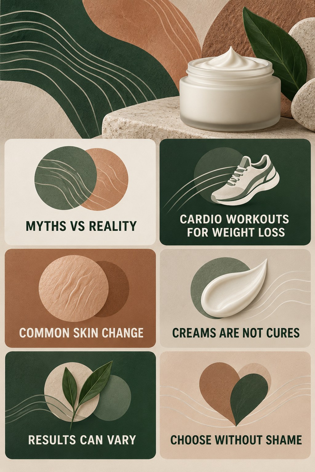 Stretch Mark Myths Versus Realistic Skincare infographic for Cardio Workouts for Weight Loss with four concise, body-neutral stretch-mark skincare points.