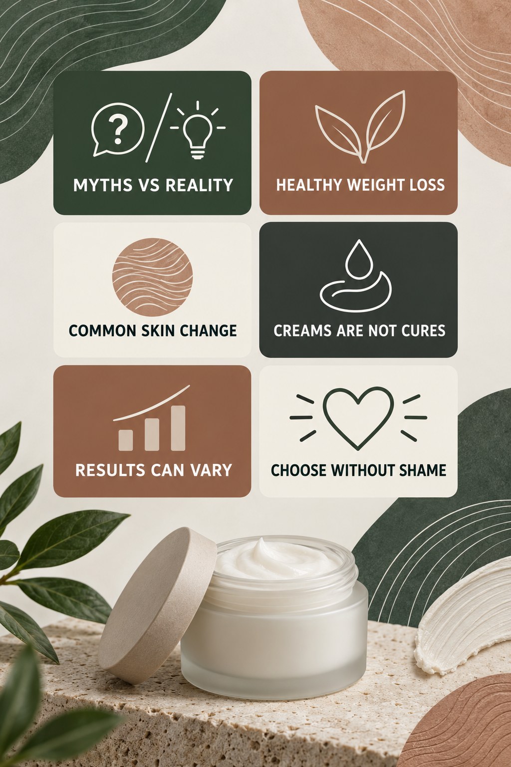 Stretch Mark Myths Versus Realistic Skincare infographic for Healthy Weight Loss with four concise, body-neutral stretch-mark skincare points.