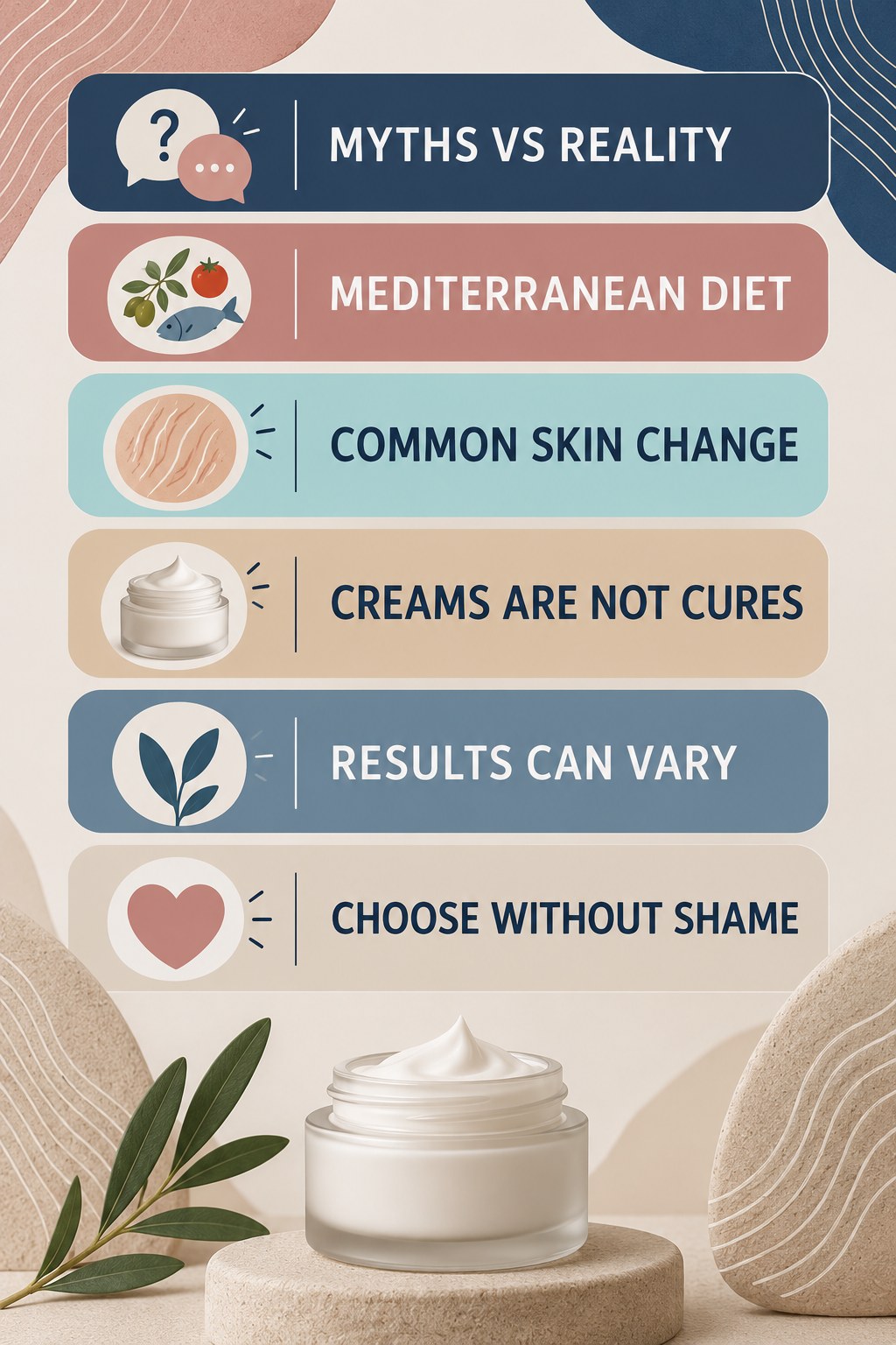 Stretch Mark Myths Versus Realistic Skincare infographic for Mediterranean Diet with four concise, body-neutral stretch-mark skincare points.
