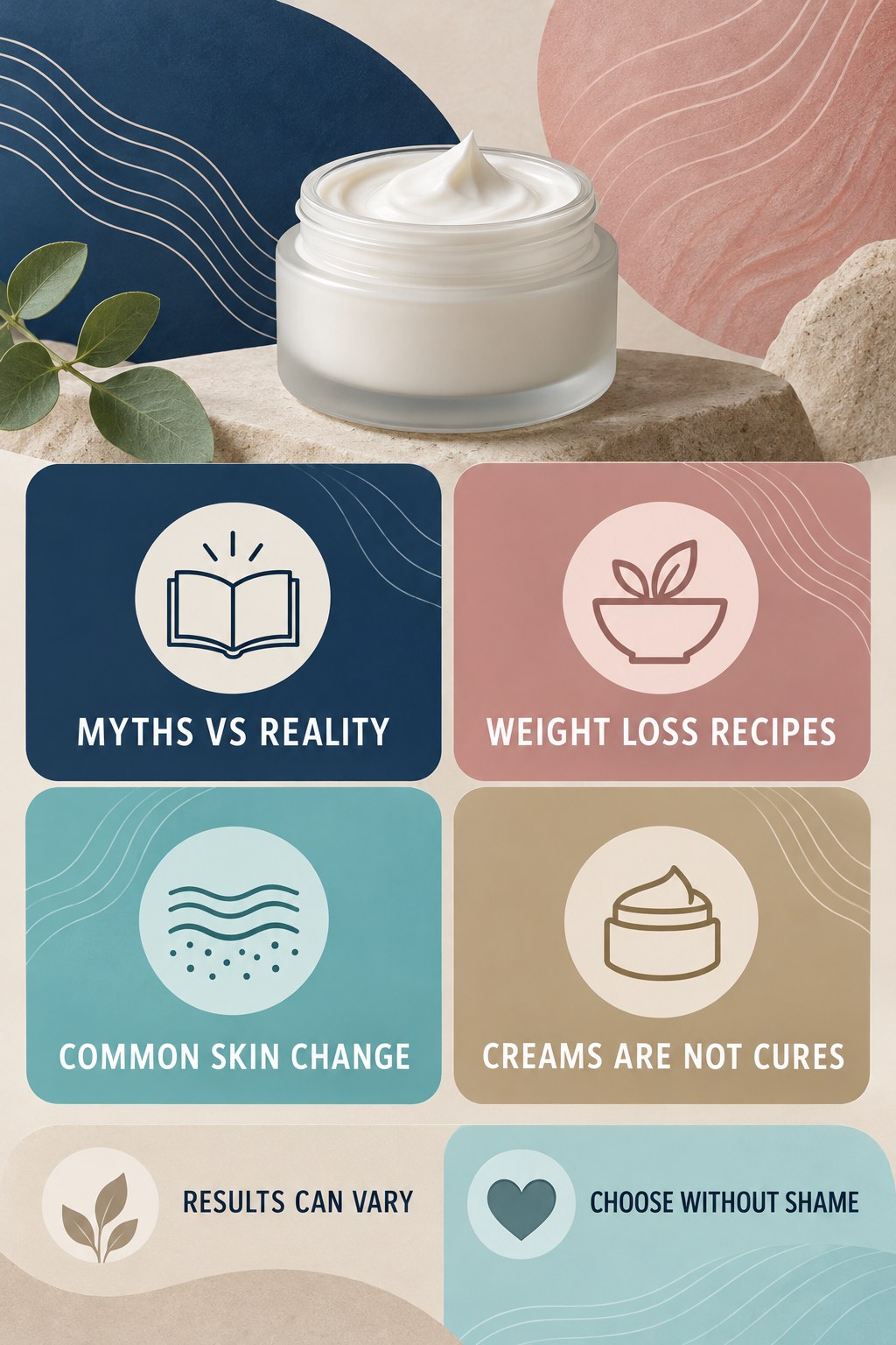 Stretch Mark Myths Versus Realistic Skincare infographic for Weight Loss Recipes with four concise, body-neutral stretch-mark skincare points.