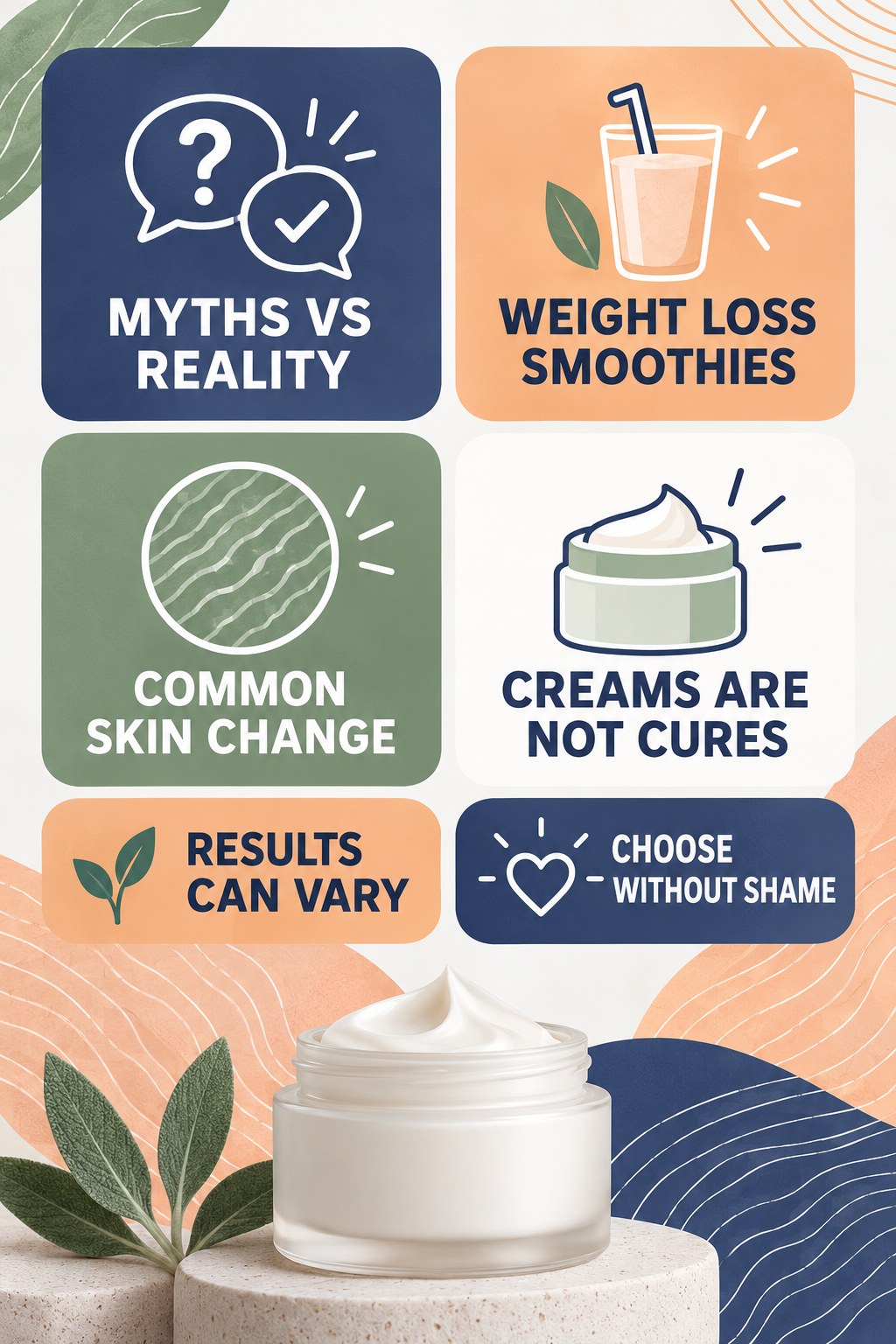 Stretch Mark Myths Versus Realistic Skincare infographic for Weight Loss Smoothies with four concise, body-neutral stretch-mark skincare points.