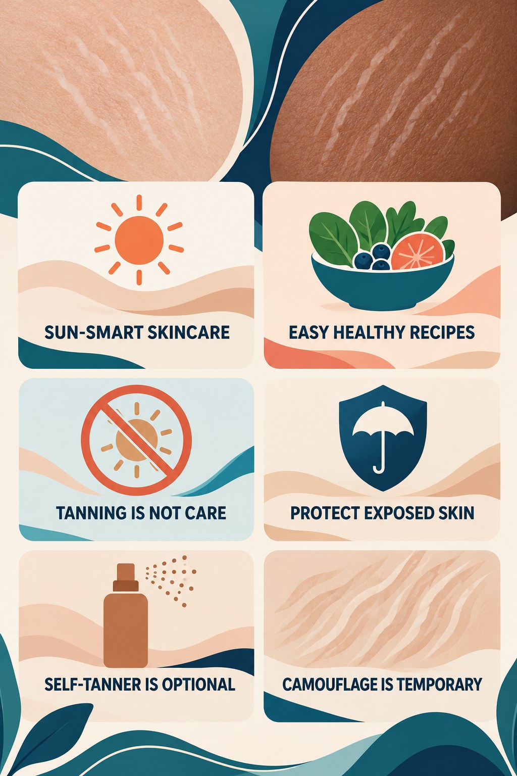 Stretch Marks and Sun Protection infographic for Easy Healthy Recipes with four concise, body-neutral stretch-mark skincare points.