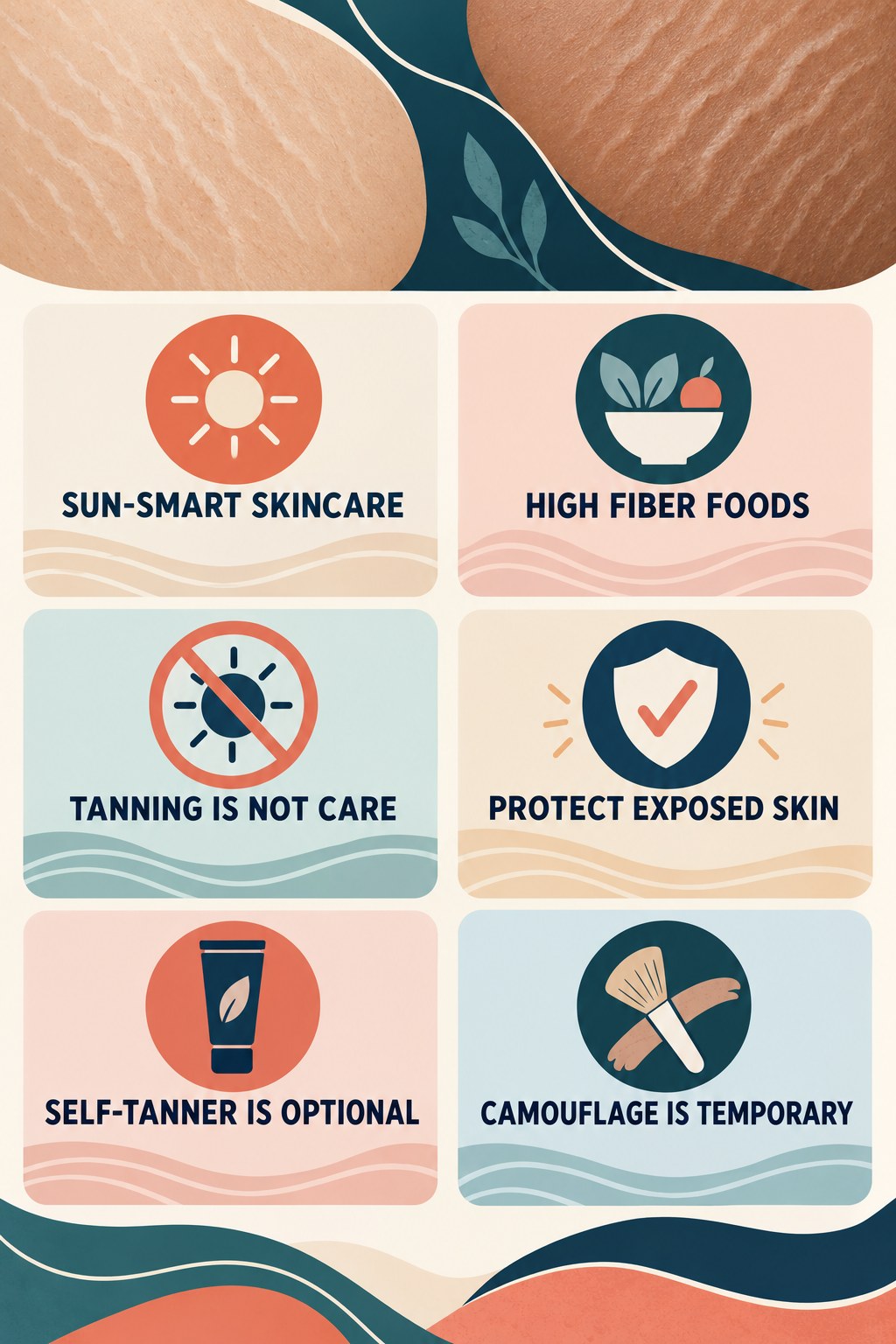 Stretch Marks and Sun Protection infographic for High Fiber Foods with four concise, body-neutral stretch-mark skincare points.