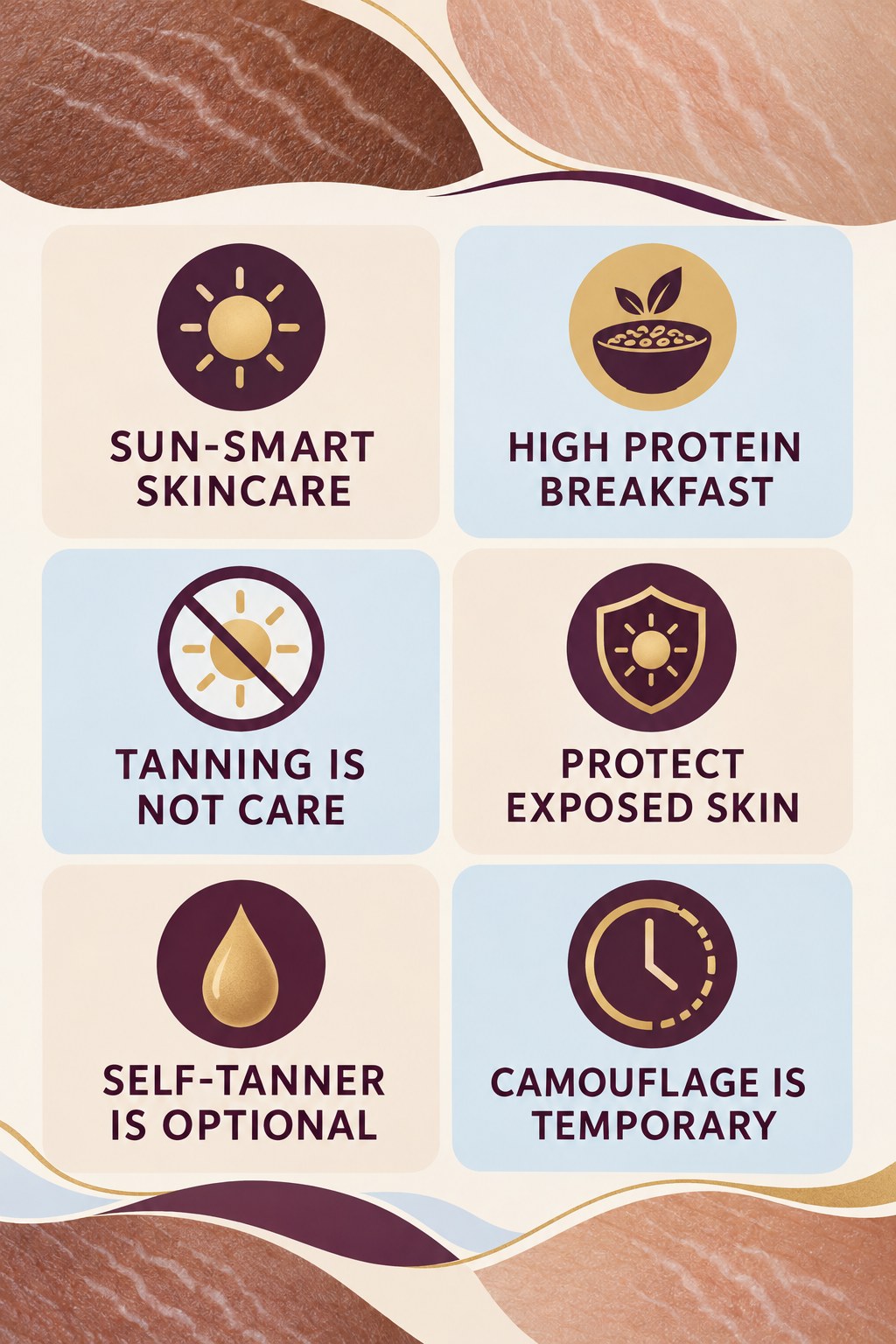Stretch Marks and Sun Protection infographic for High Protein Breakfast with four concise, body-neutral stretch-mark skincare points.