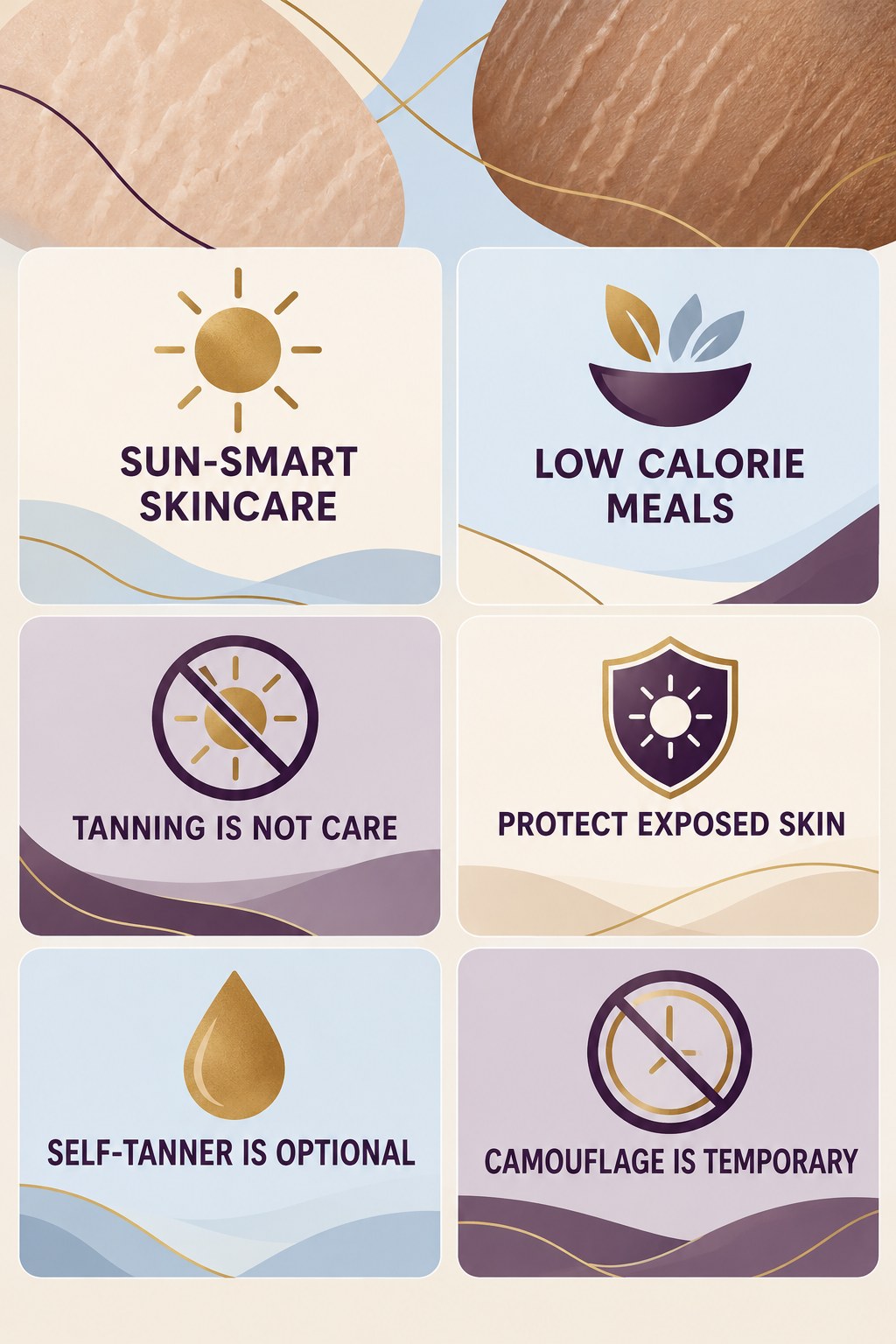 Stretch Marks and Sun Protection infographic for Low Calorie Meals with four concise, body-neutral stretch-mark skincare points.