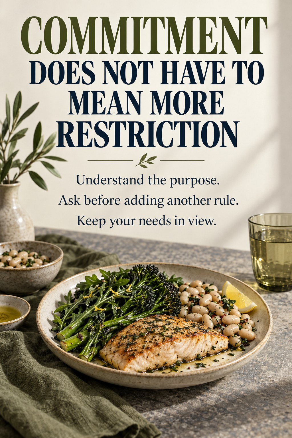 Balanced meal with vegetables, fish, and beans beside a message that commitment does not require more restriction.