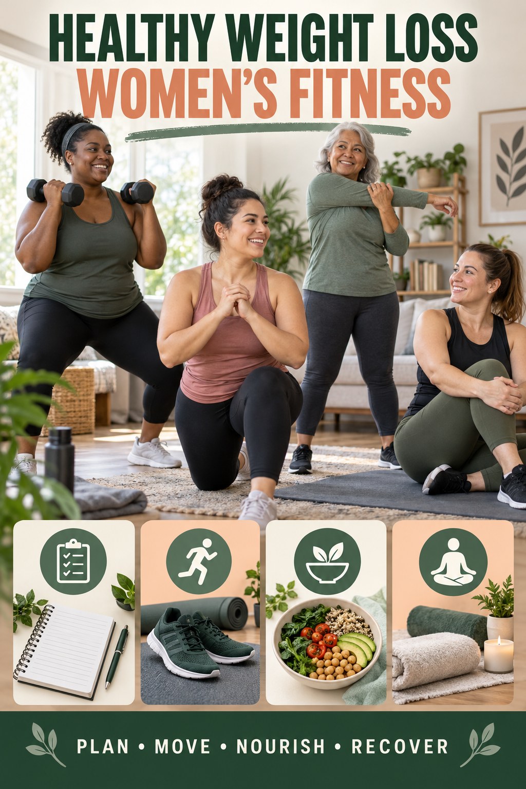 Healthy Weight Loss women’s fitness graphic titled Strong and Active Routine with four practical training prompts.