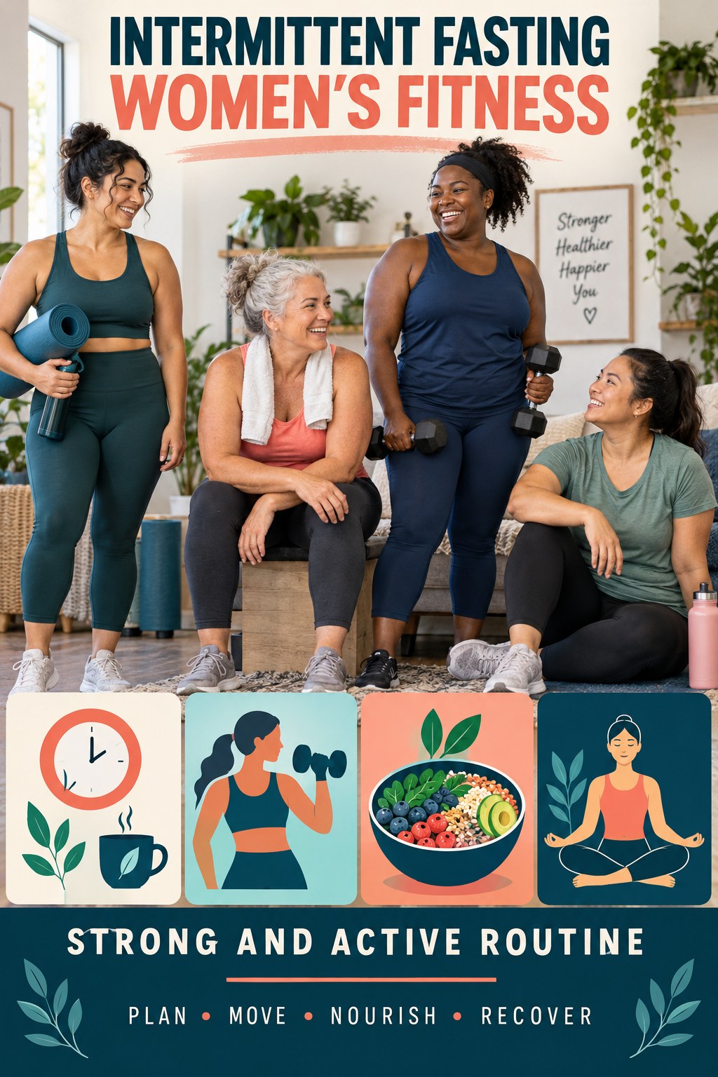 Intermittent Fasting women’s fitness graphic titled Strong and Active Routine with four practical training prompts.