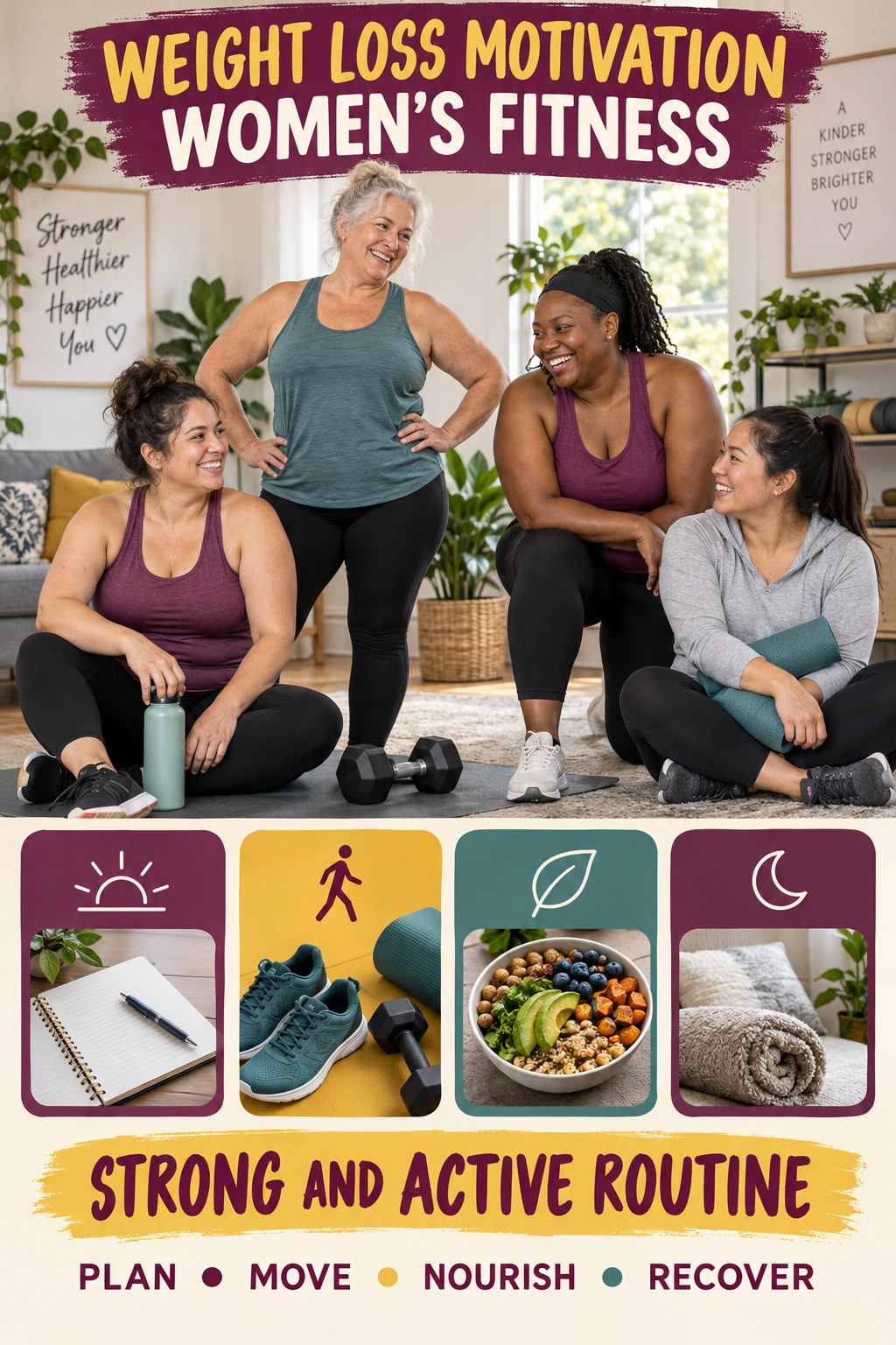 Weight Loss Motivation women’s fitness graphic titled Strong and Active Routine with four practical training prompts.
