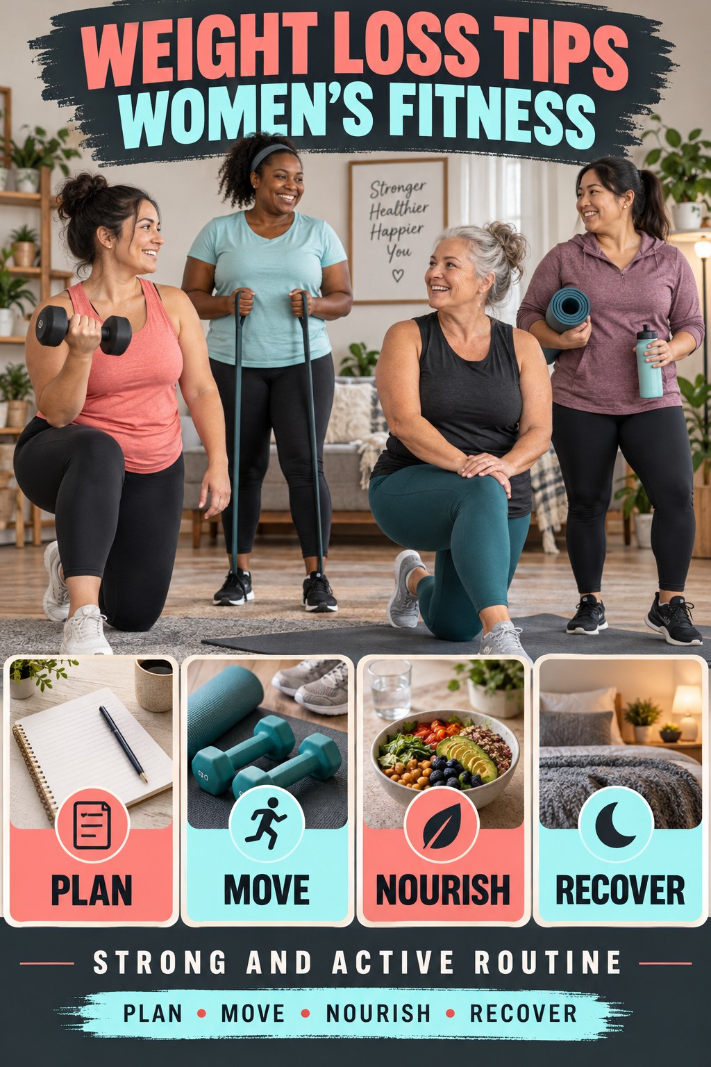 Weight Loss Tips women’s fitness graphic titled Strong and Active Routine with four practical training prompts.
