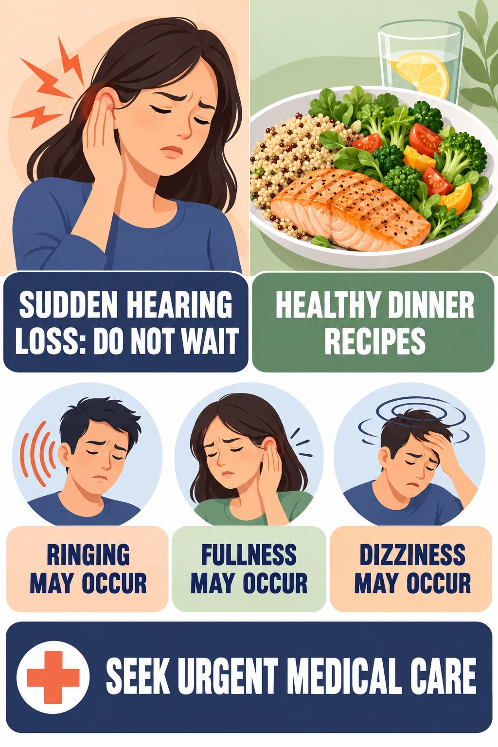 Sudden Hearing Change With Tinnitus infographic for Healthy Dinner Recipes with four concise tinnitus-awareness points.