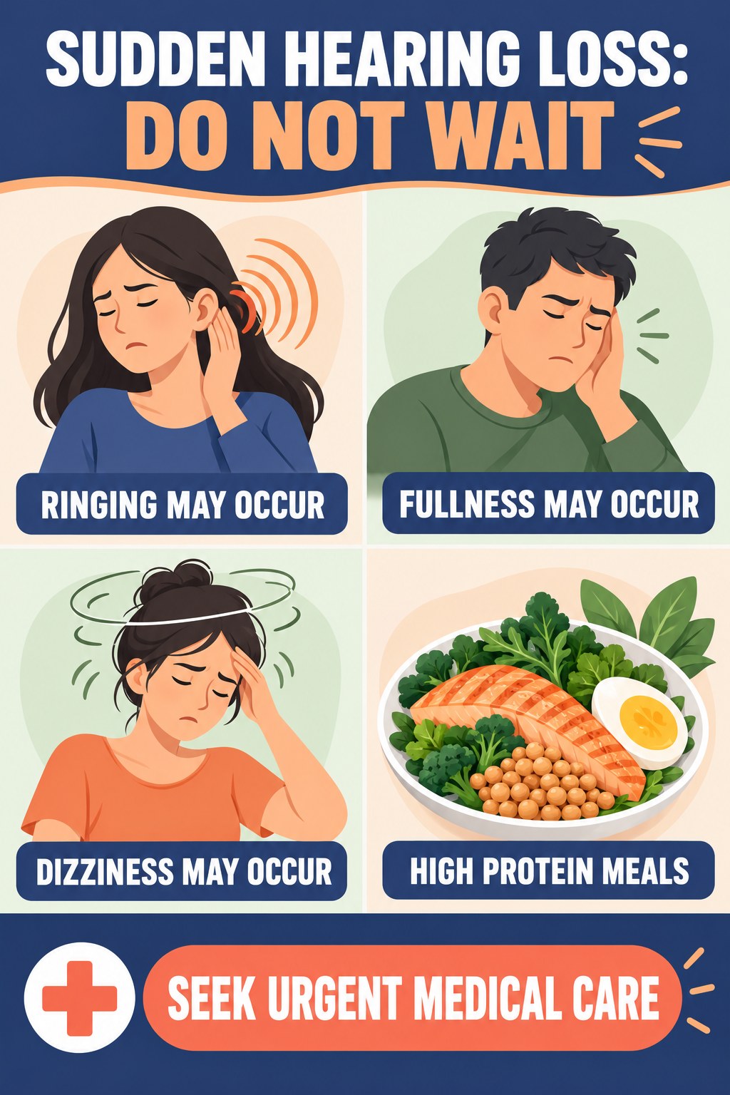 Sudden Hearing Change With Tinnitus infographic for High Protein Meals with four concise tinnitus-awareness points.
