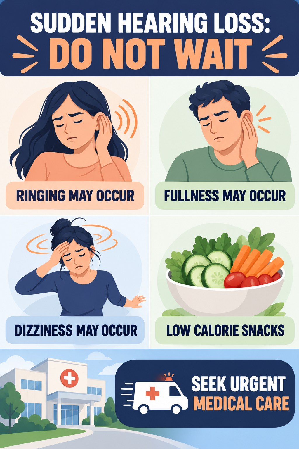 Sudden Hearing Change With Tinnitus infographic for Low Calorie Snacks with four concise tinnitus-awareness points.