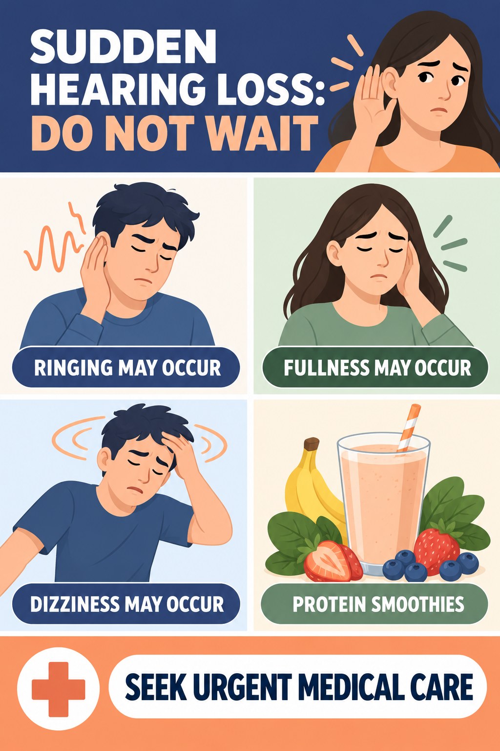 Sudden Hearing Change With Tinnitus infographic for Protein Smoothies with four concise tinnitus-awareness points.