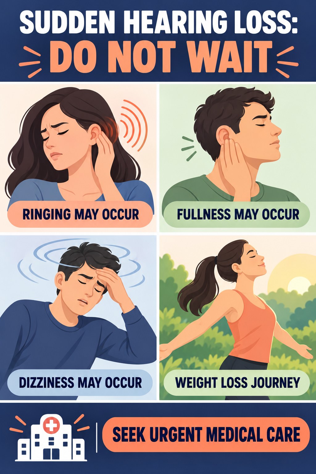 Sudden Hearing Change With Tinnitus infographic for Weight Loss Journey with four concise tinnitus-awareness points.
