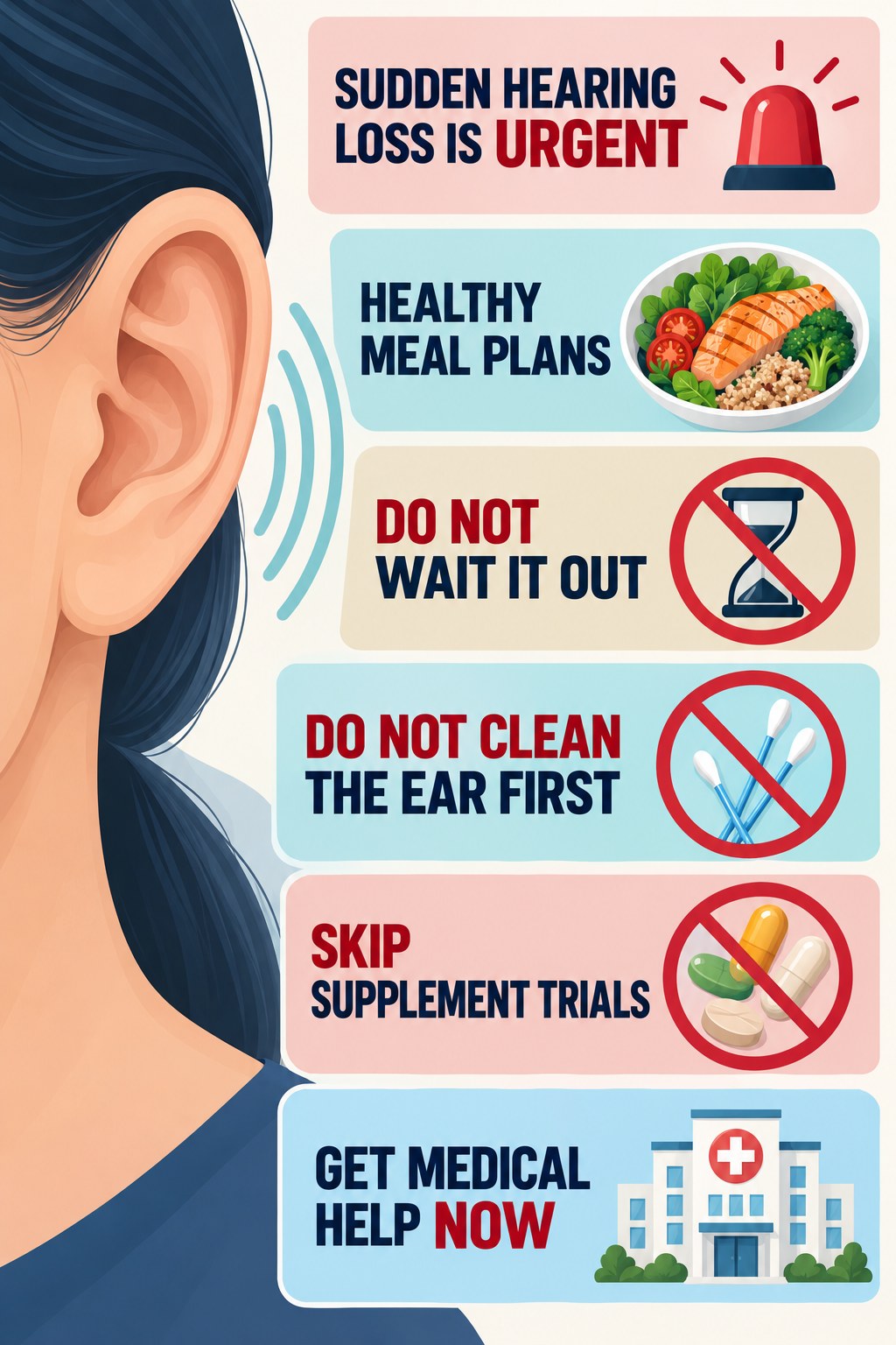 Sudden Hearing Change With Tinnitus infographic for Healthy Meal Plans with four concise evaluation-guidance points.