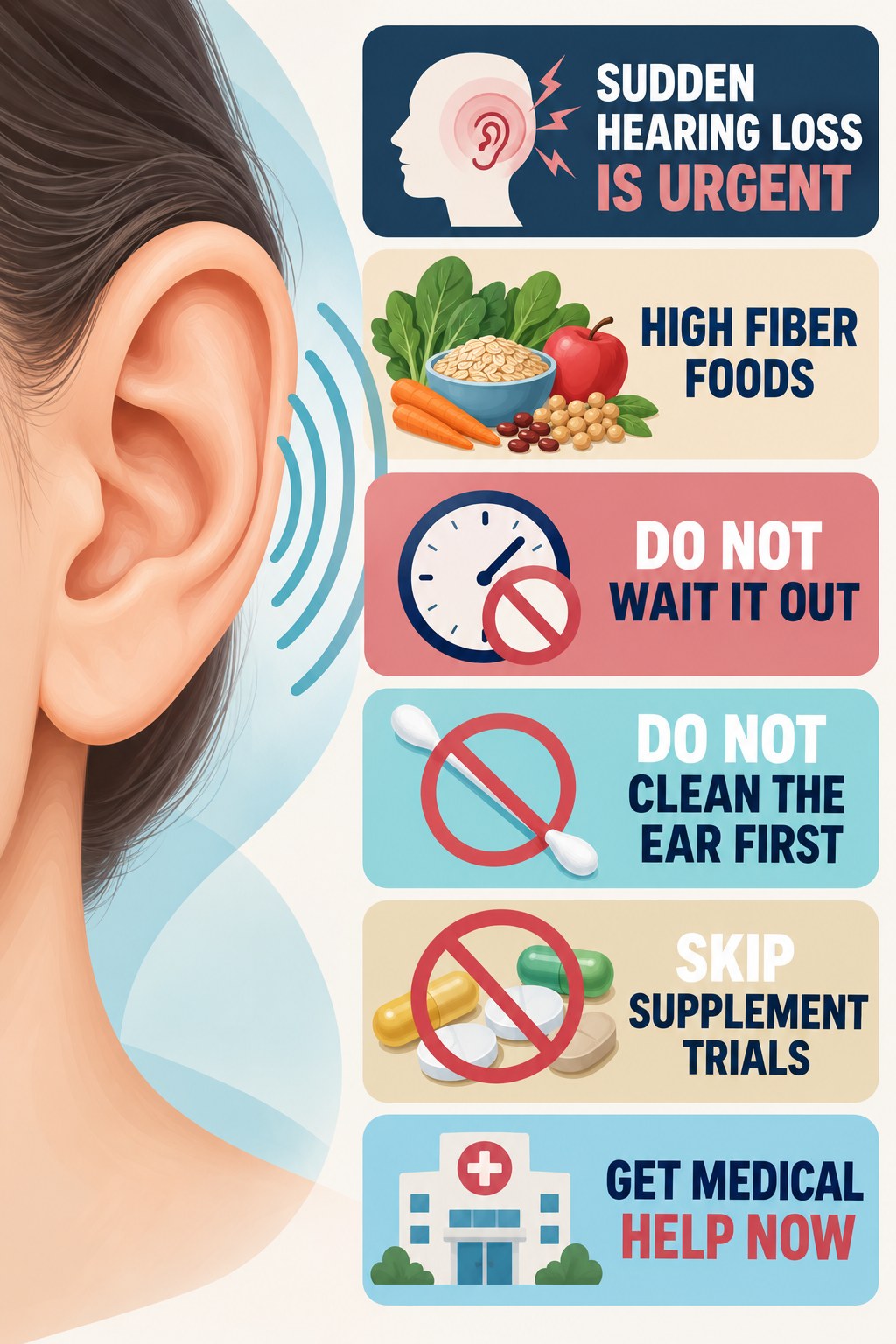Sudden Hearing Change With Tinnitus infographic for High Fiber Foods with four concise evaluation-guidance points.