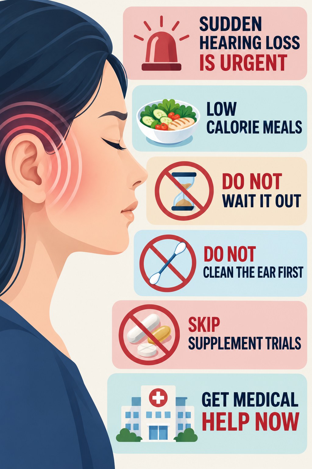 Sudden Hearing Change With Tinnitus infographic for Low Calorie Meals with four concise evaluation-guidance points.