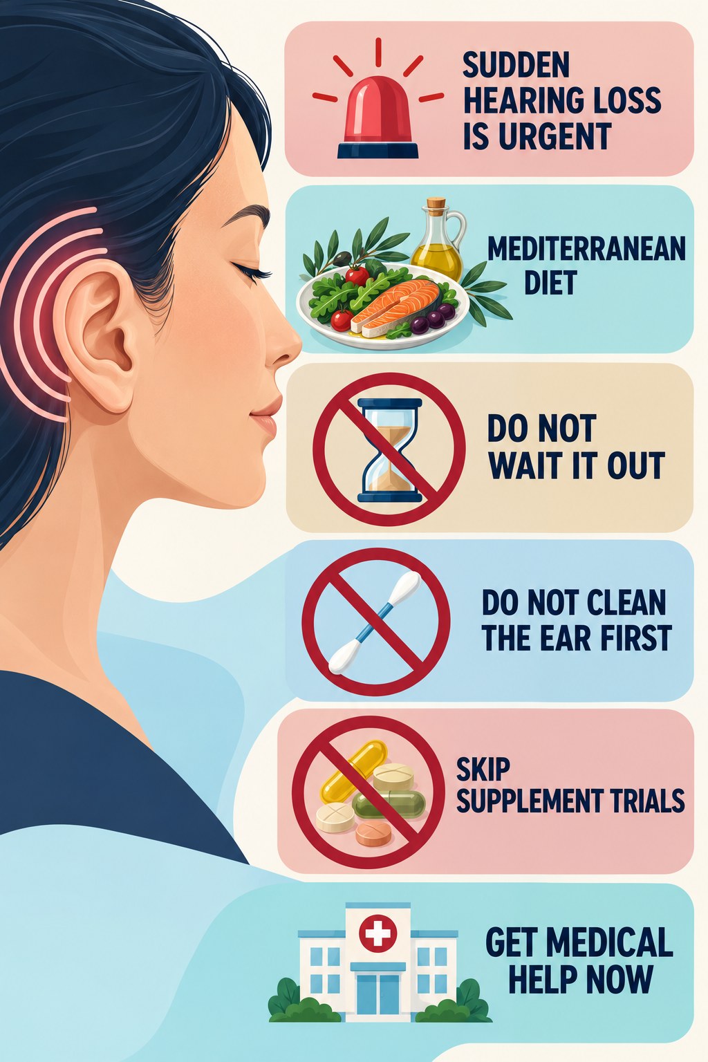 Sudden Hearing Change With Tinnitus infographic for Mediterranean Diet with four concise evaluation-guidance points.
