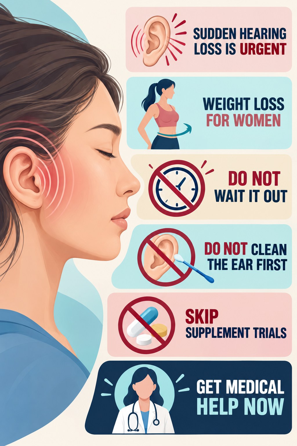 Sudden Hearing Change With Tinnitus infographic for Weight Loss for Women with four concise evaluation-guidance points.