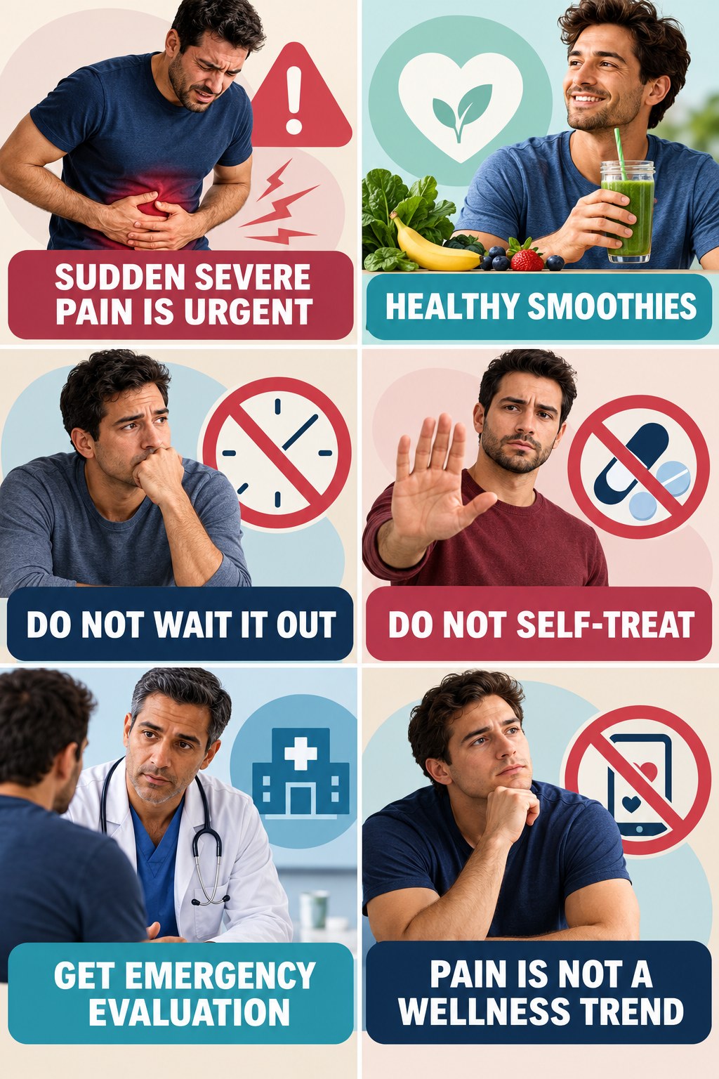 Sudden Testicular Pain Needs Urgent Care infographic for Healthy Smoothies with four concise, non-shaming sexual-health education points.